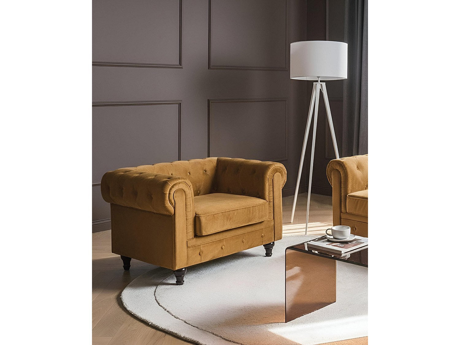 Fauteuil Chesterfield doré velours