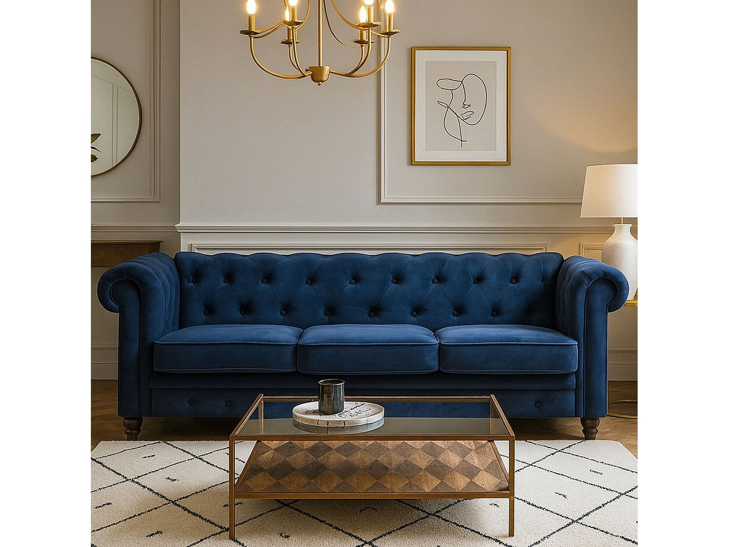 Canapé Chesterfield droit 3 places bleu velours