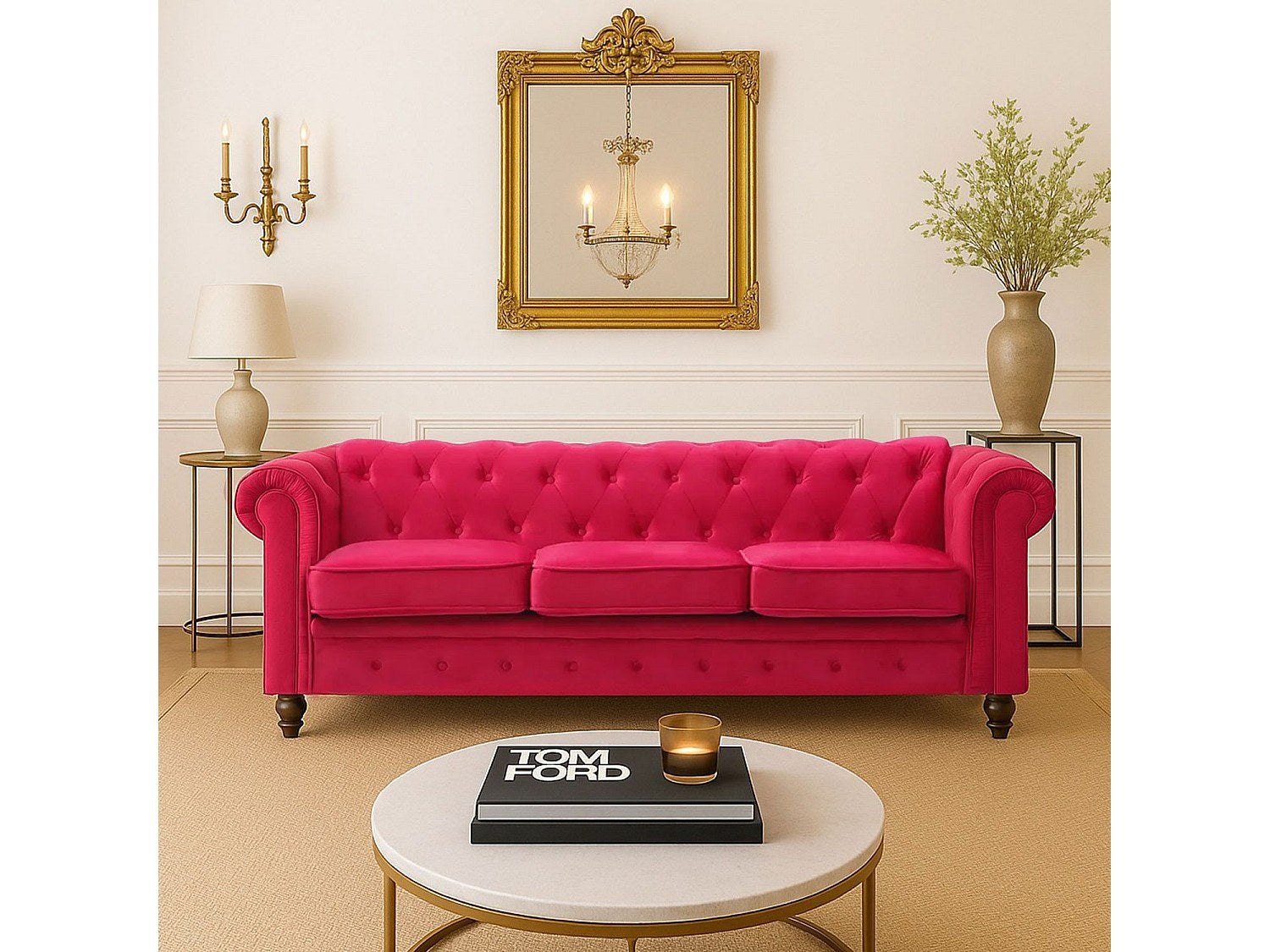 Canapé Chesterfield droit 3 places rouge velours