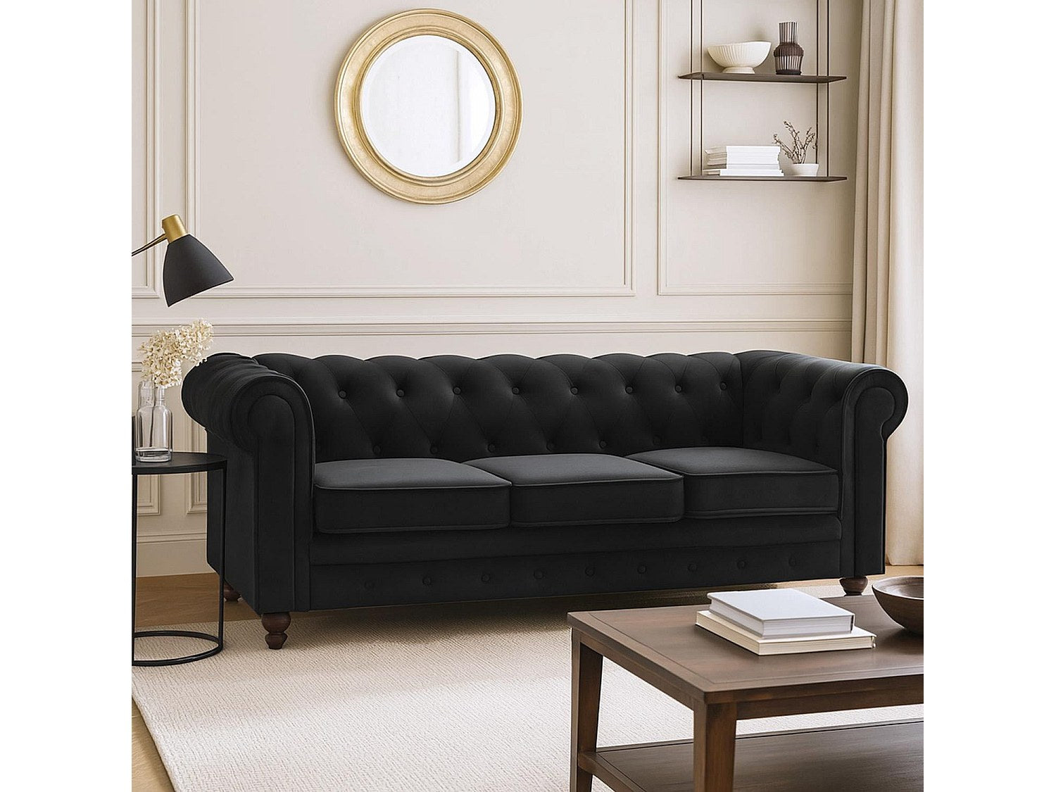 Canapé Chesterfield droit 3 places noir velours