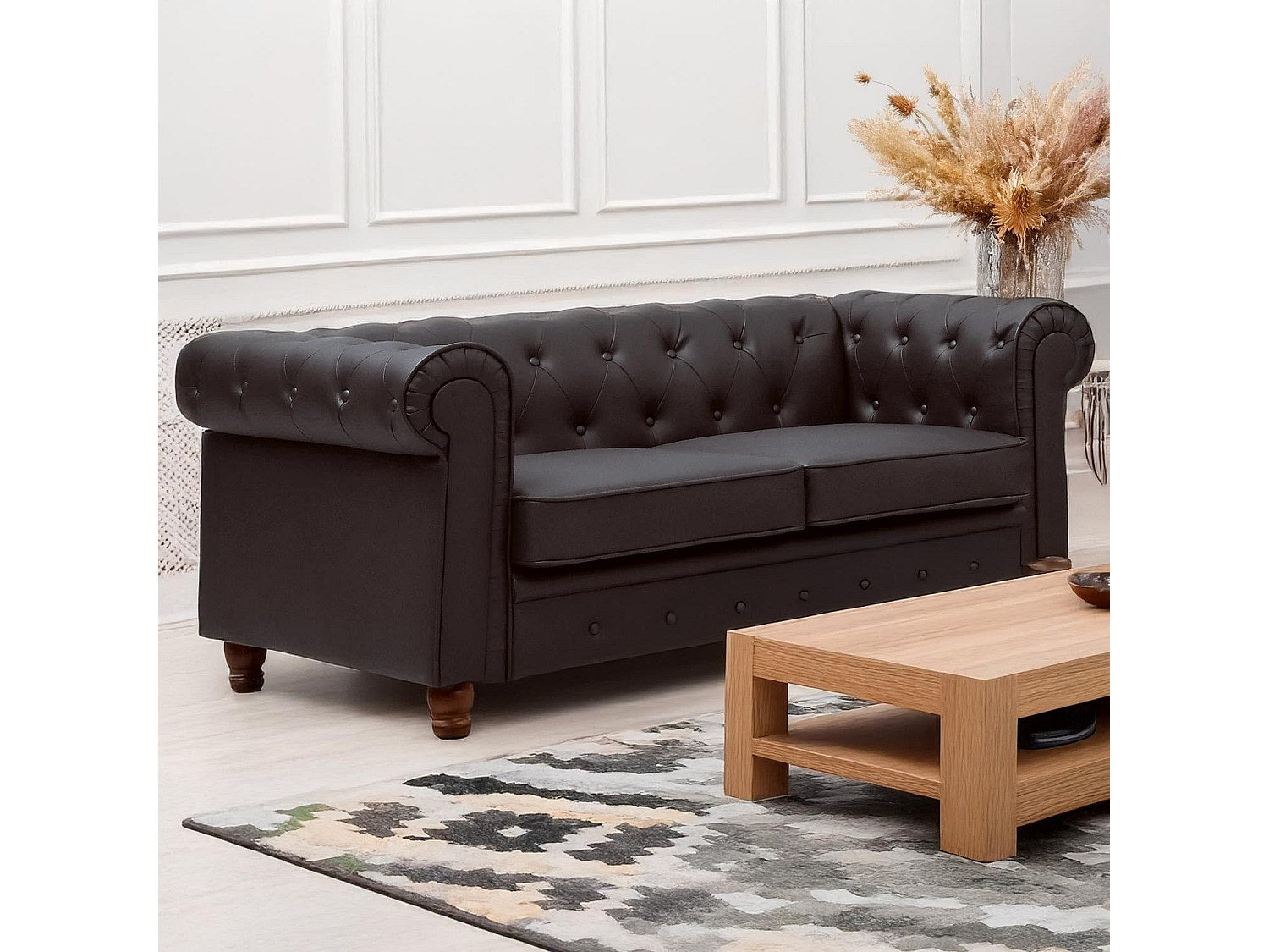 Canapé Chesterfield droit 2 places marron simili cuir