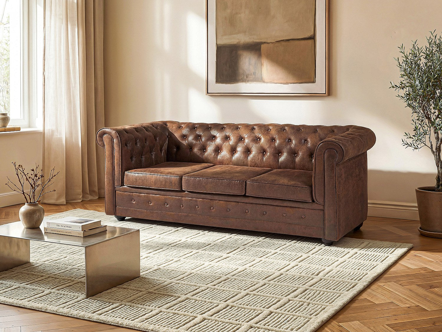 Canapé Chesterfield convertible 3 places marron tissu