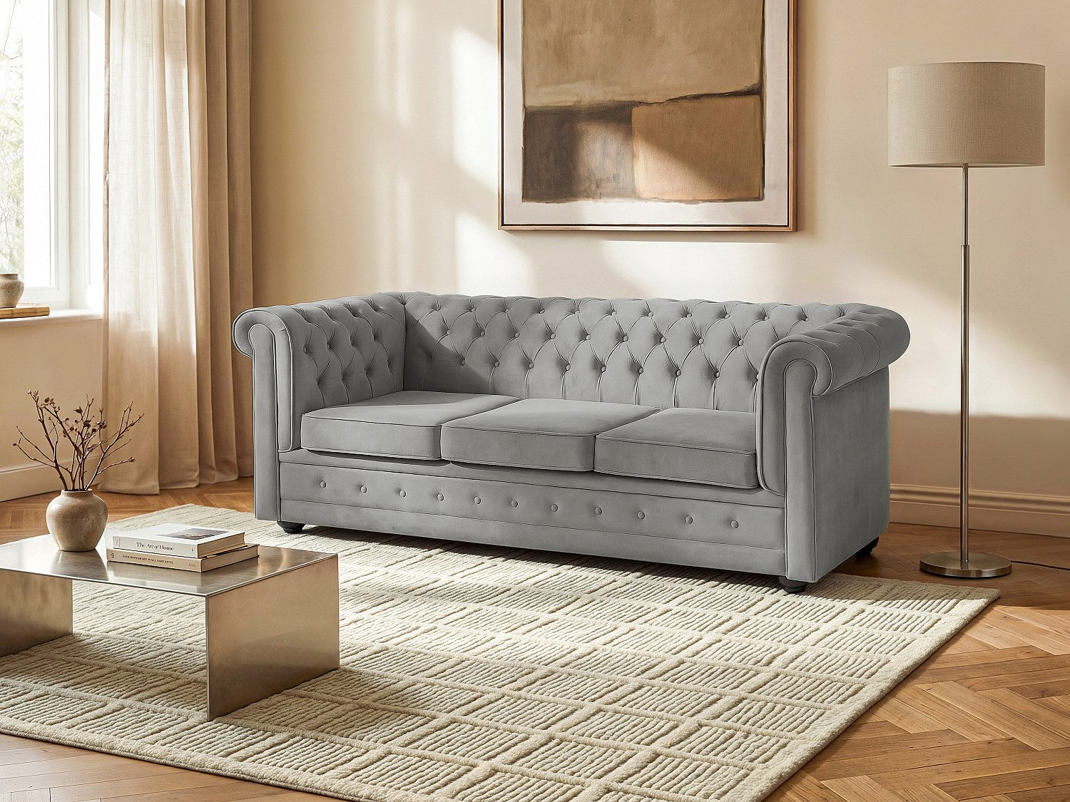 Canapé Chesterfield convertible 3 places gris velours