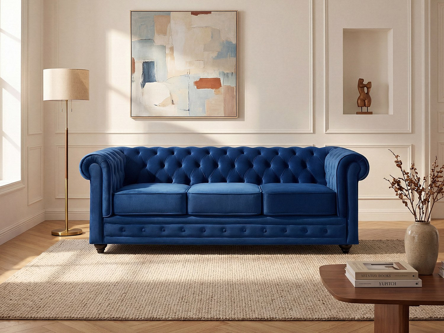 Canapé Chesterfield droit 3 places bleu velours
