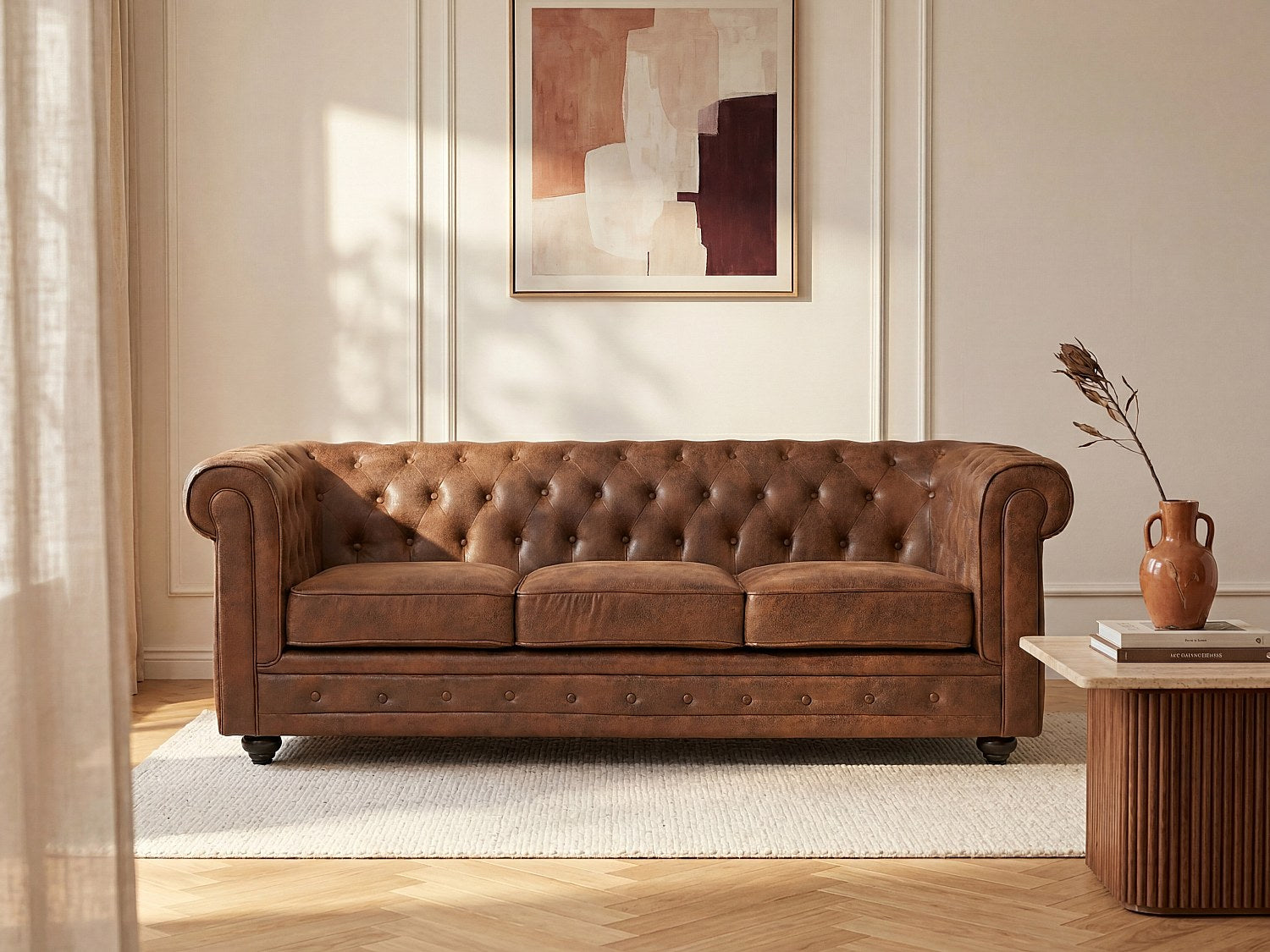 Canapé Chesterfield droit 3 places marron tissu