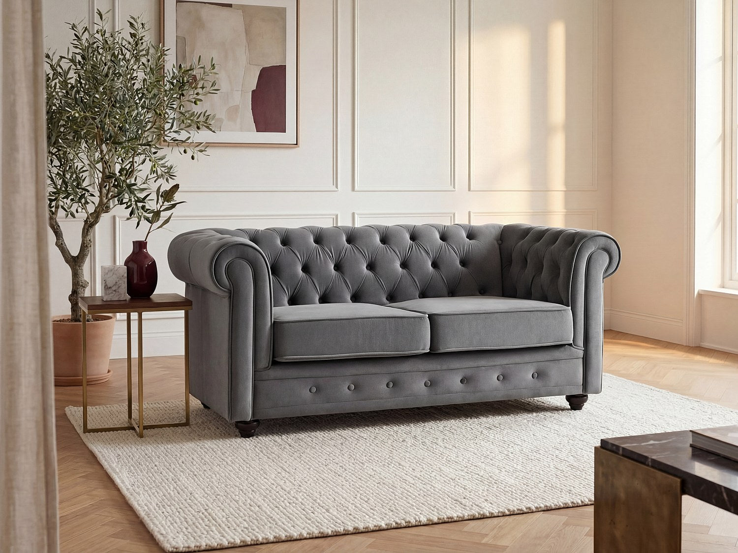 Canapé Chesterfield droit 2 places gris velours