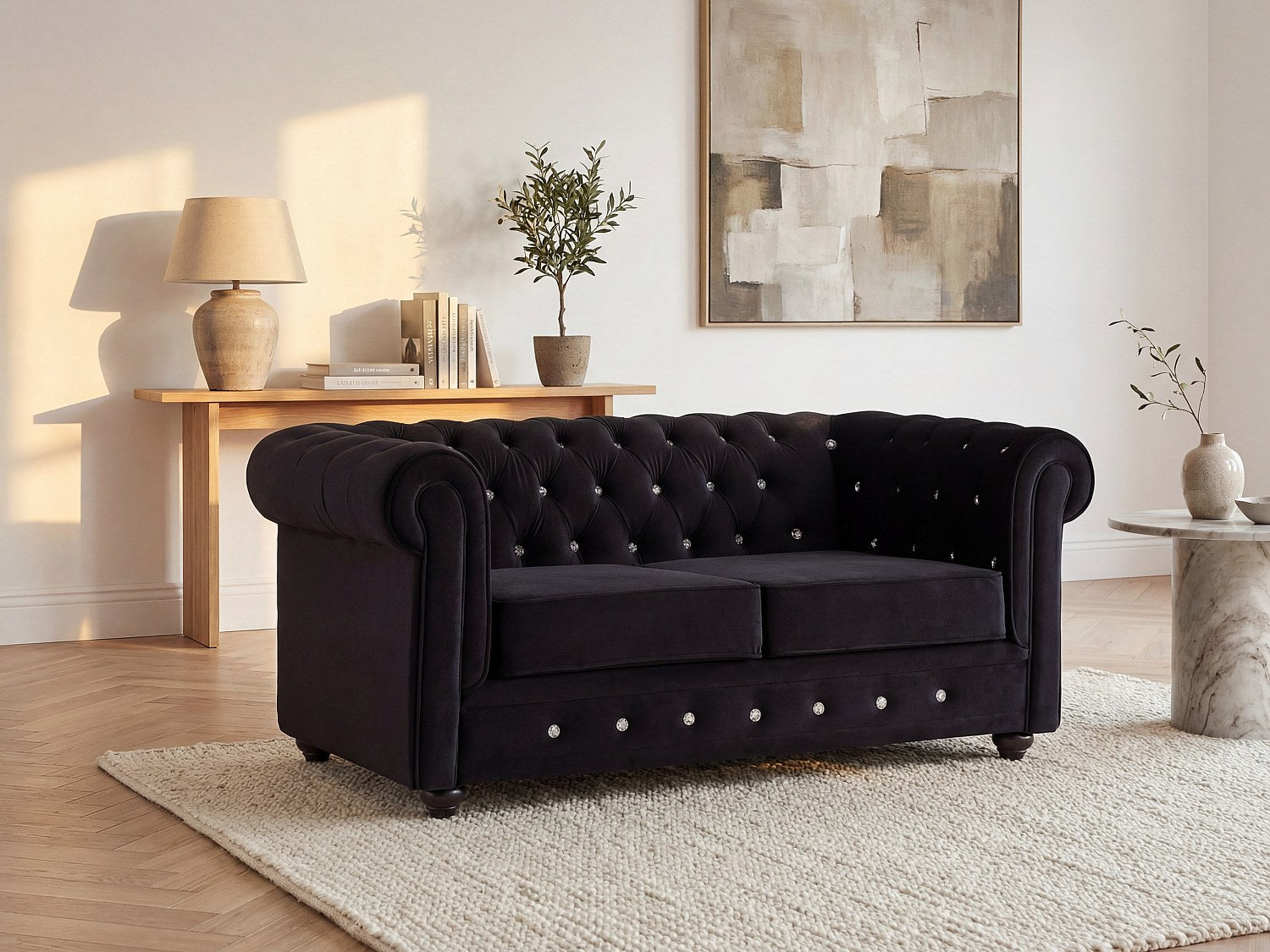 Canapé Chesterfield droit 2 places noir velours