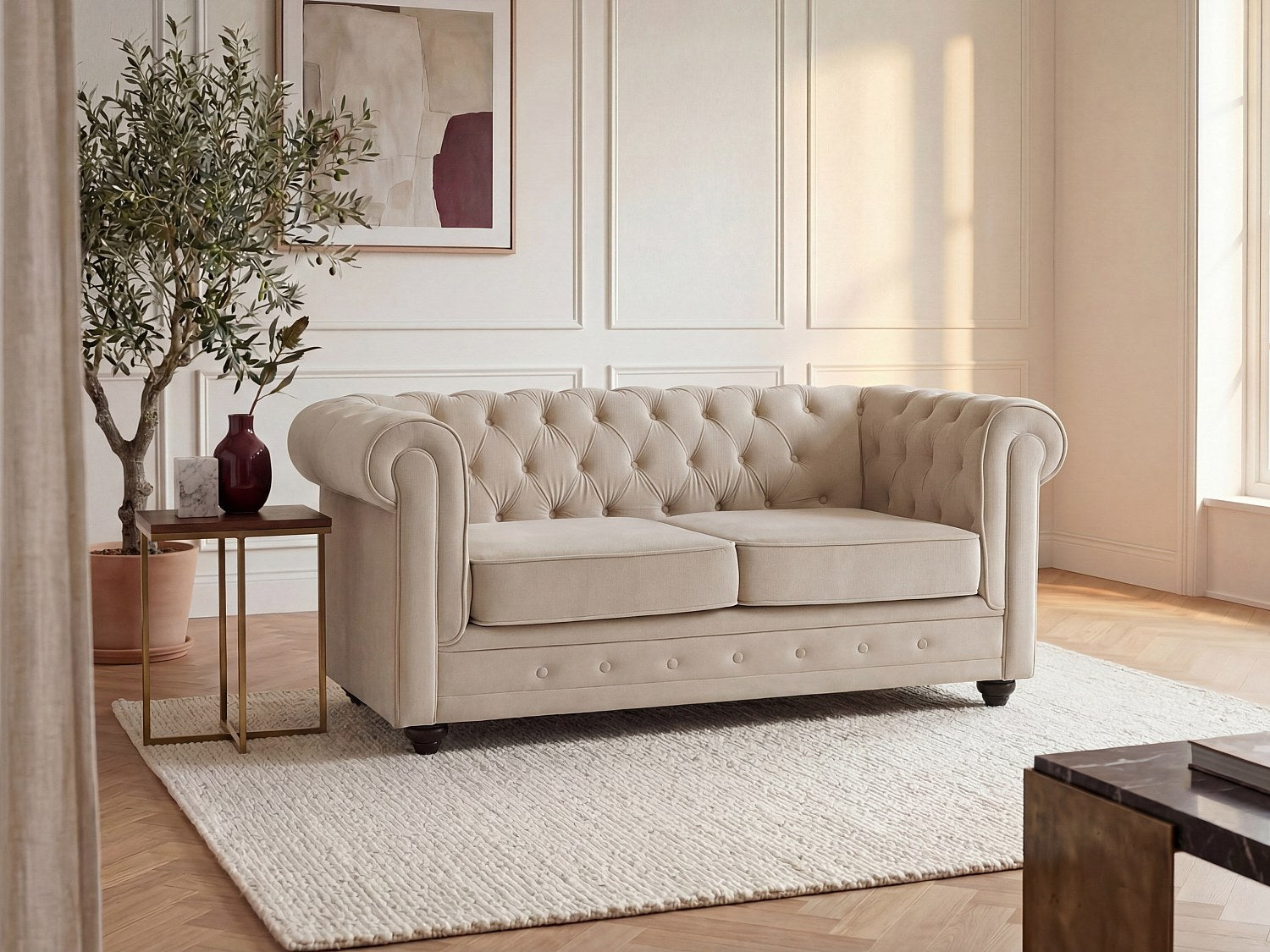 Canapé Chesterfield droit 2 places beige velours