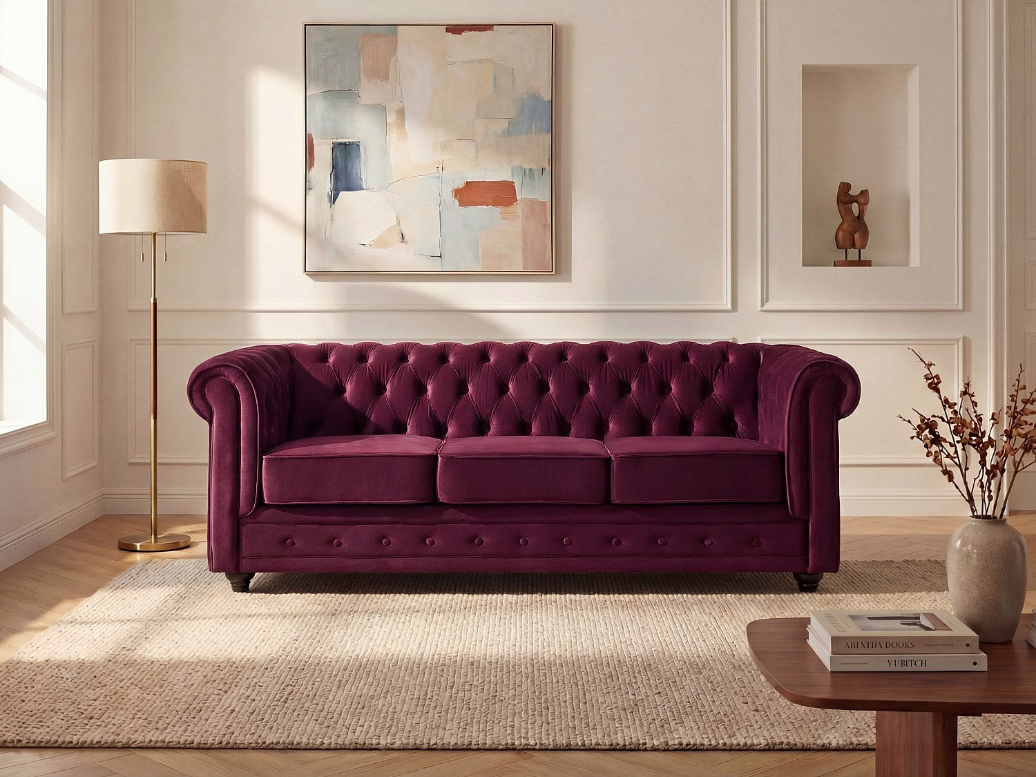 Canapé Chesterfield droit 3 places rouge velours