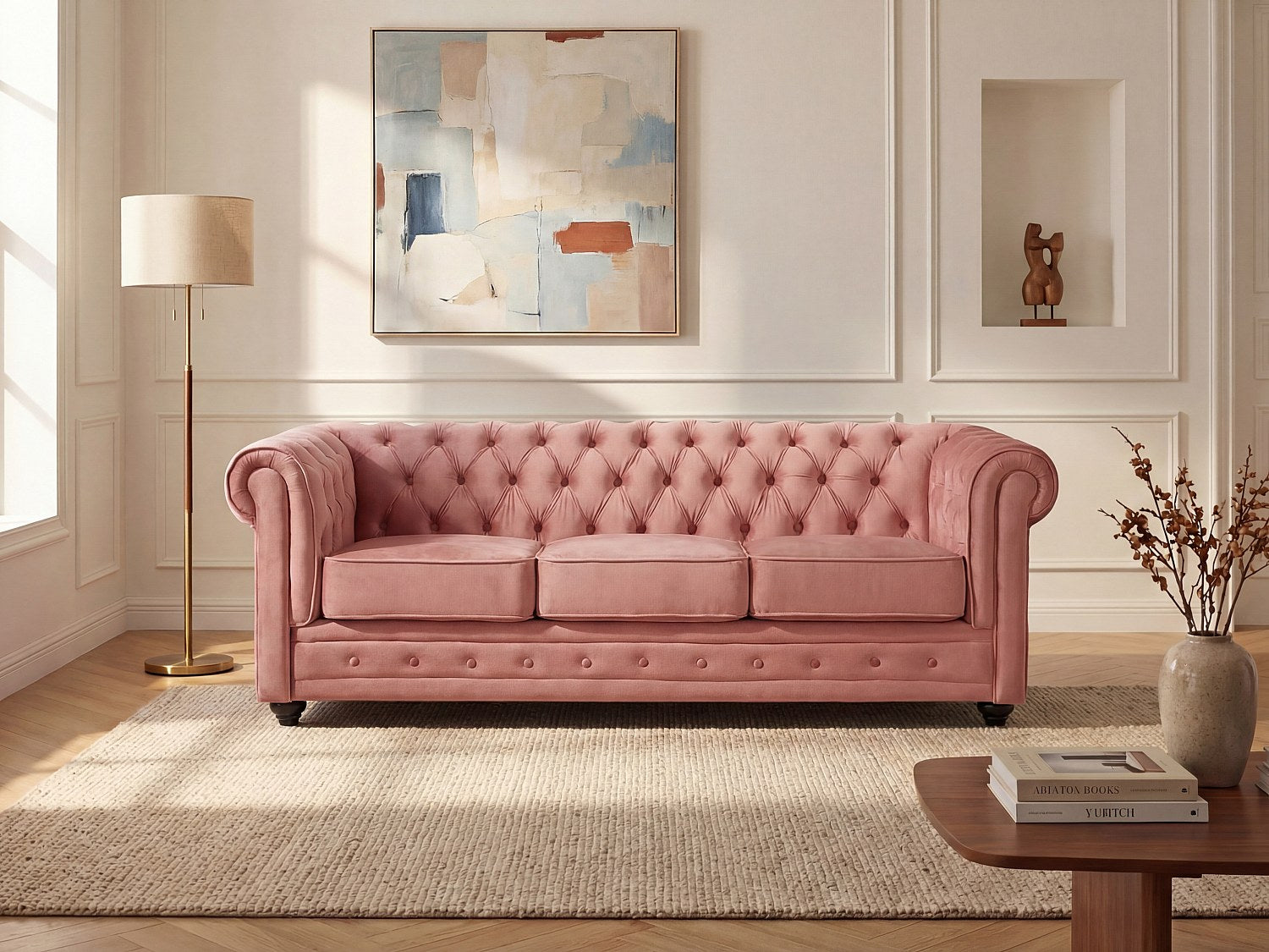 Canapé Chesterfield droit 3 places rose velours