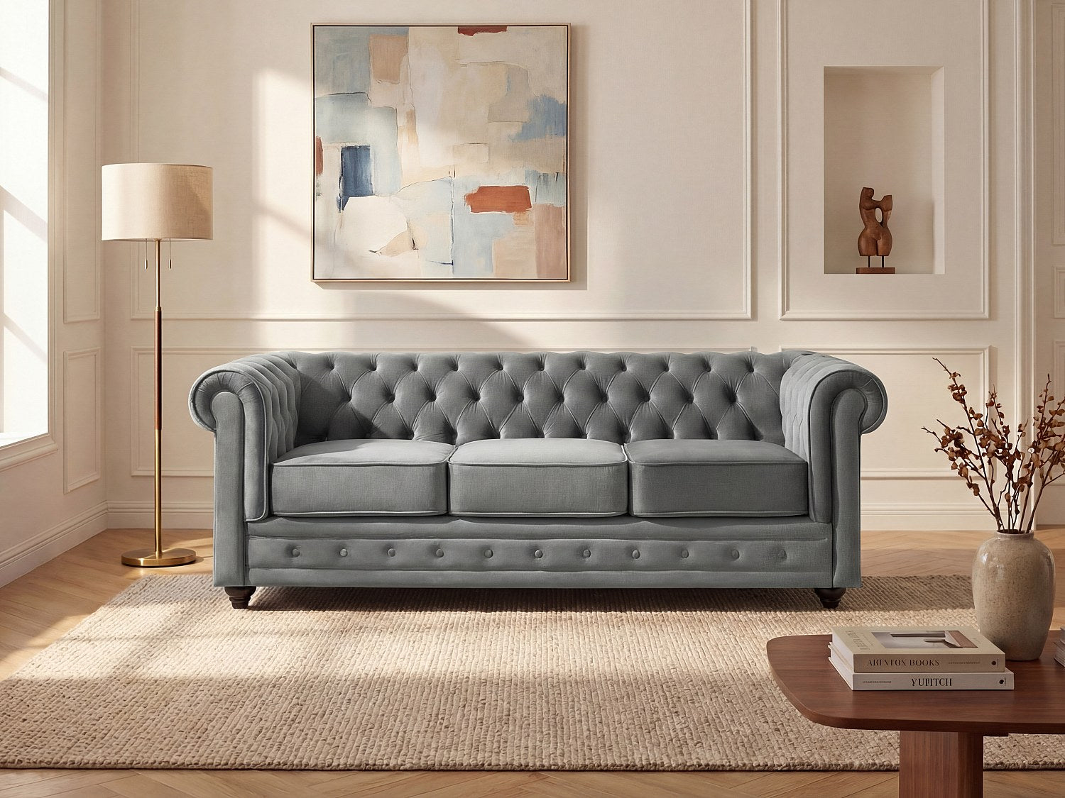 Canapé Chesterfield droit 3 places gris velours