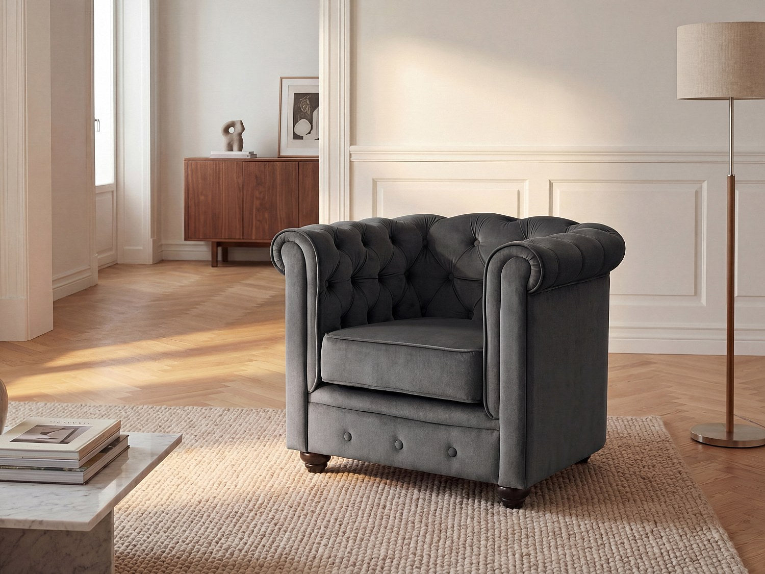 Fauteuil Chesterfield gris velours