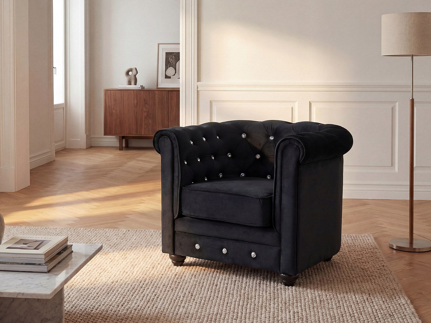 Fauteuil Chesterfield noir velours