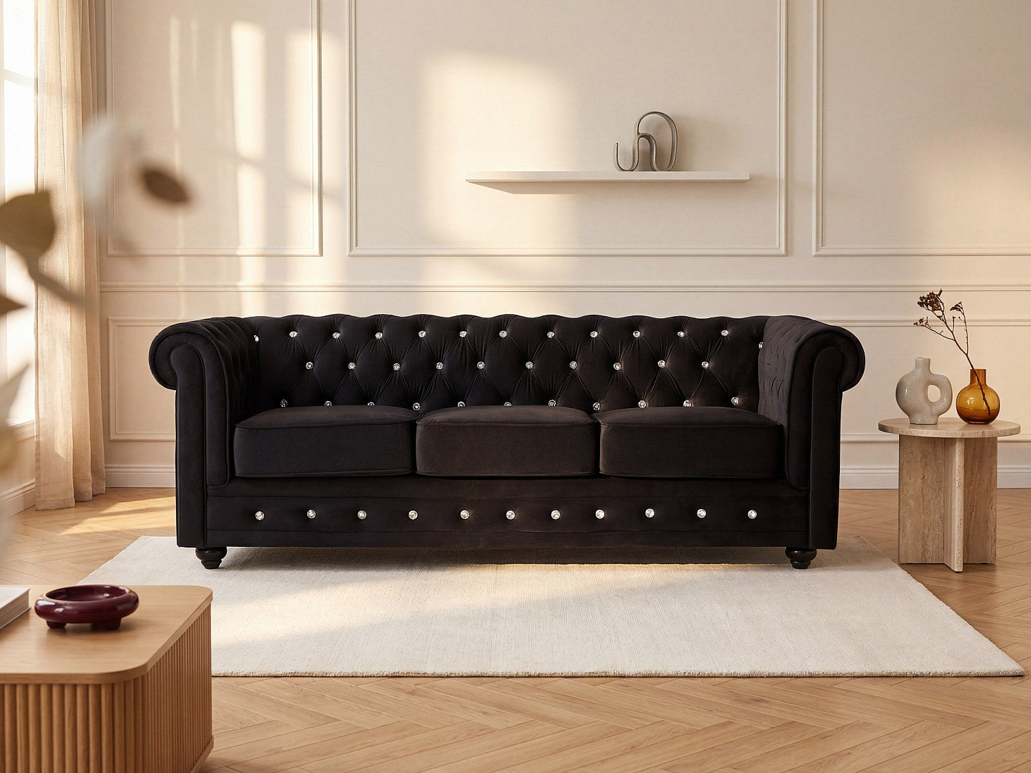 Canapé Chesterfield droit 3 places noir velours
