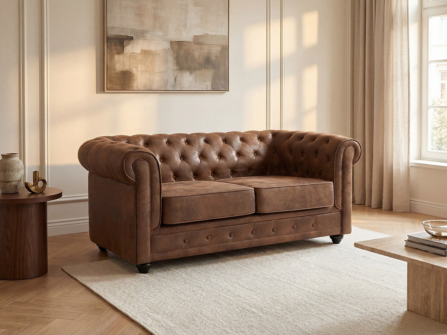 Canapé Chesterfield droit 2 places marron tissu