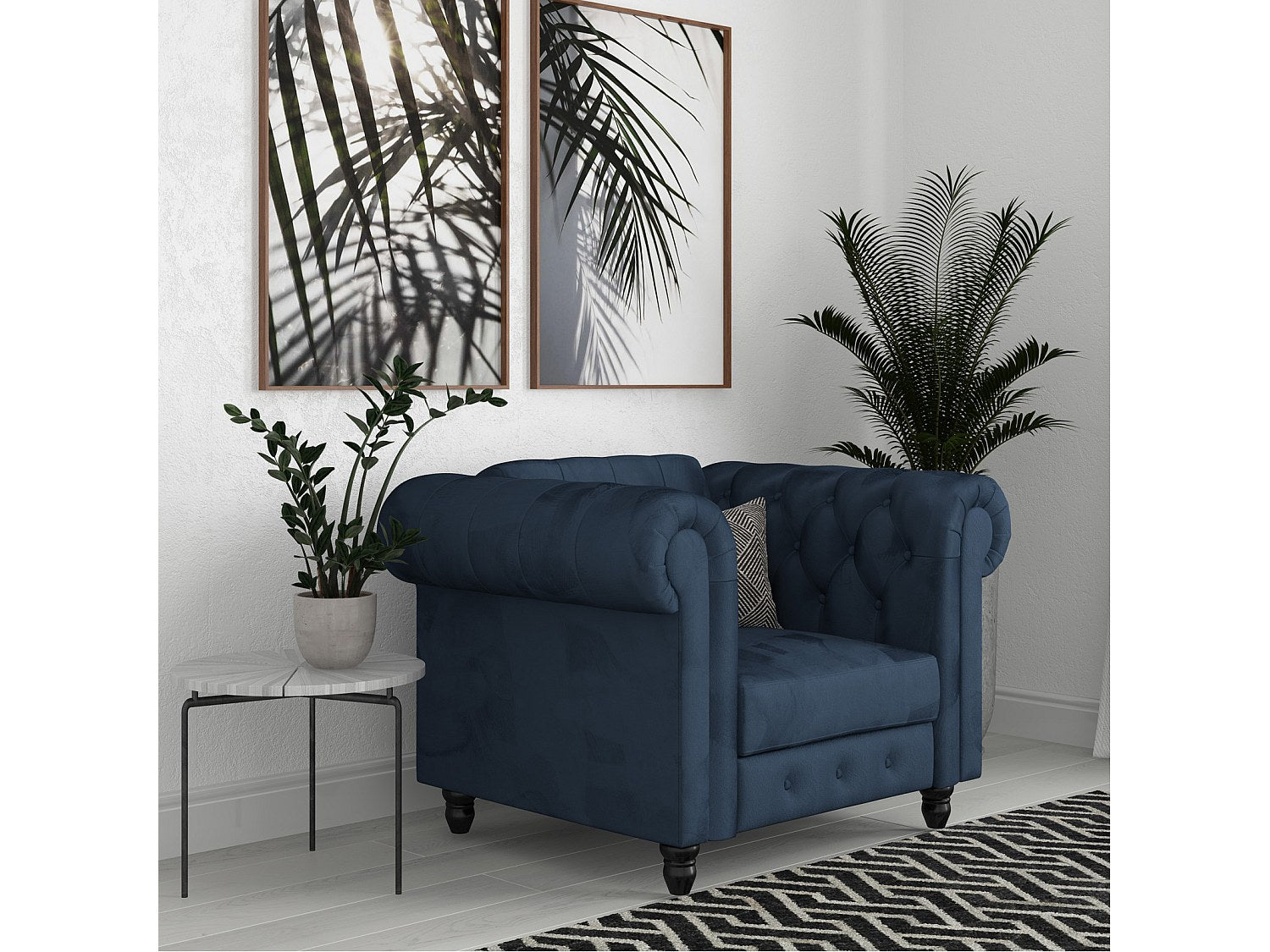 Fauteuil Chesterfield bleu velours
