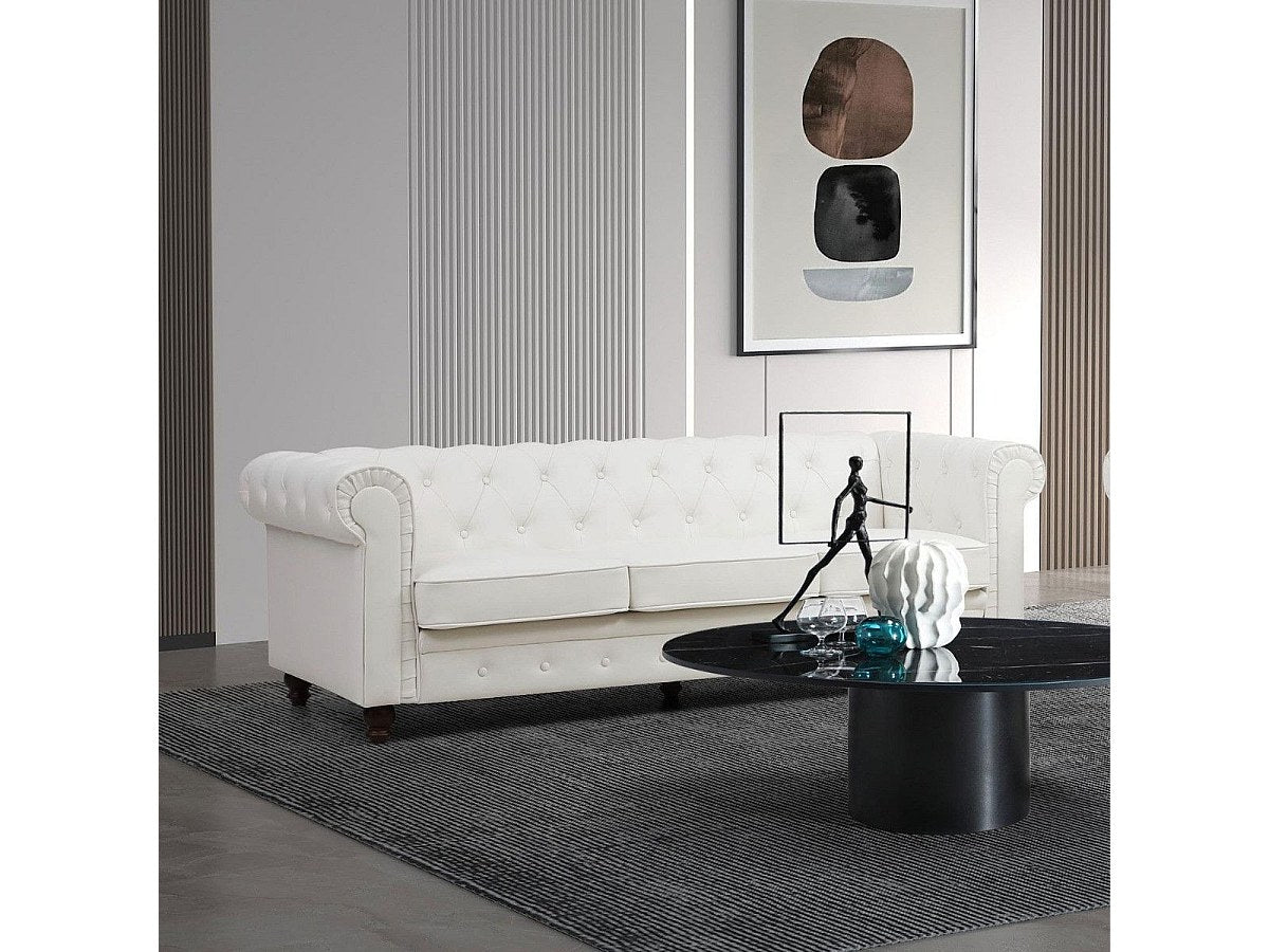 Canapé Chesterfield droit 3 places blanc simili cuir