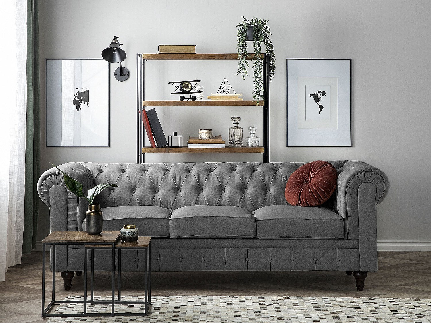 Canapé Chesterfield droit 3 places gris tissu