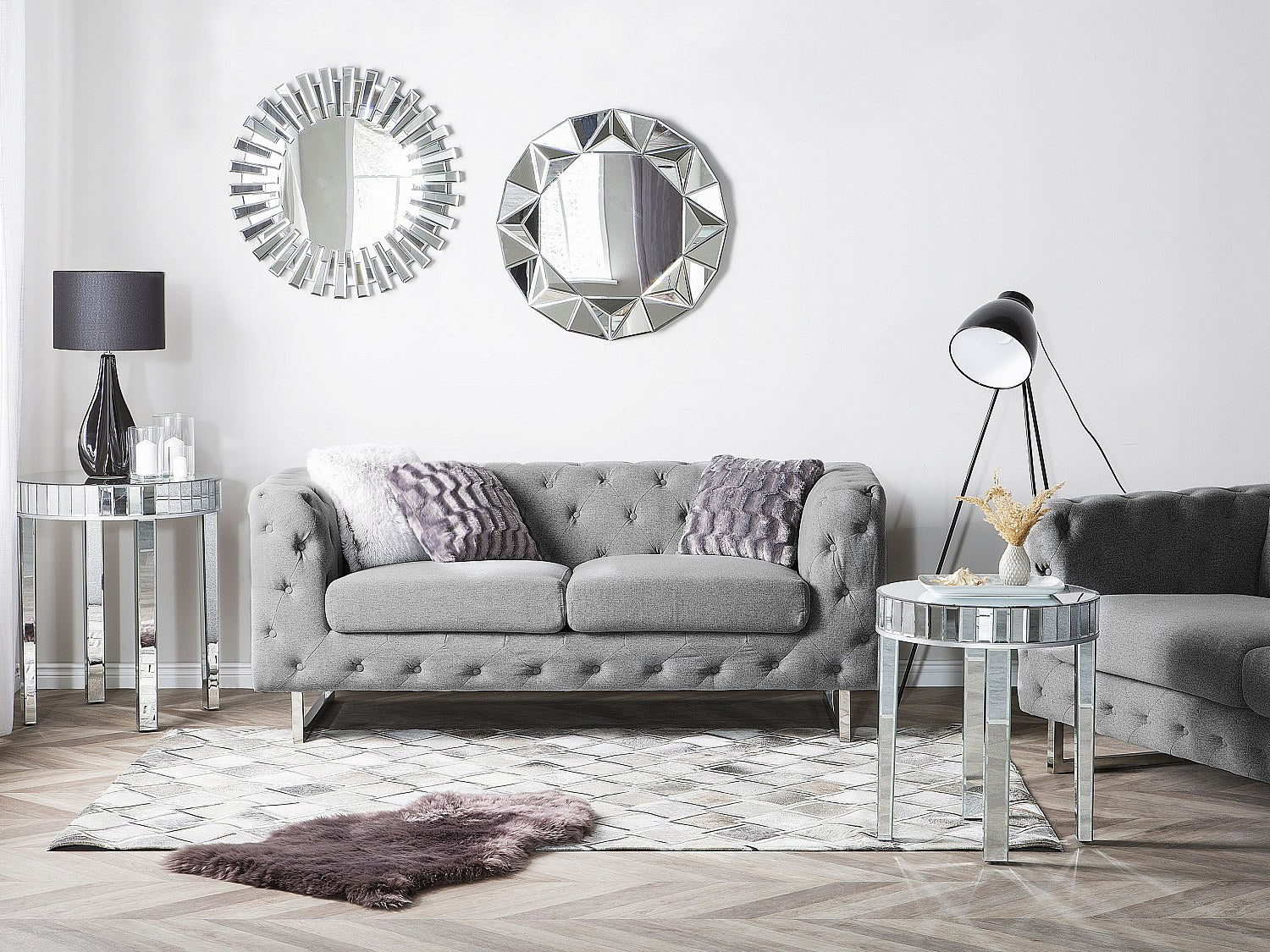 Canapé Chesterfield droit 2 places gris tissu - Vissland