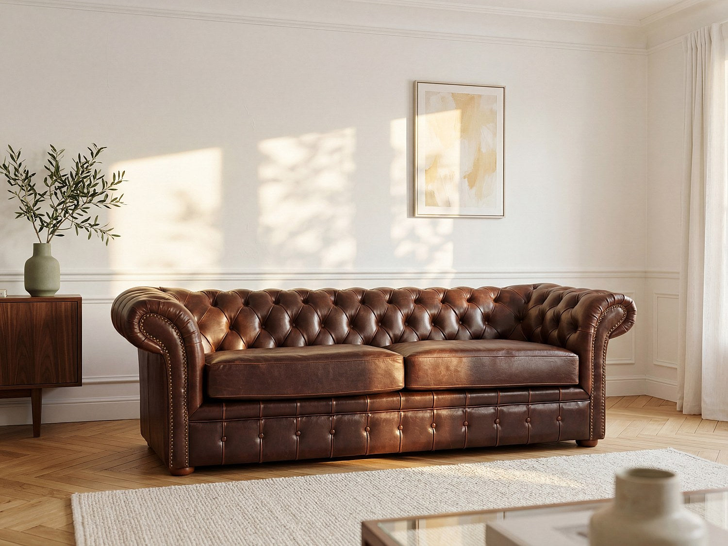 Canapé Chesterfield droit 3 places marron cuir - Clotaire
