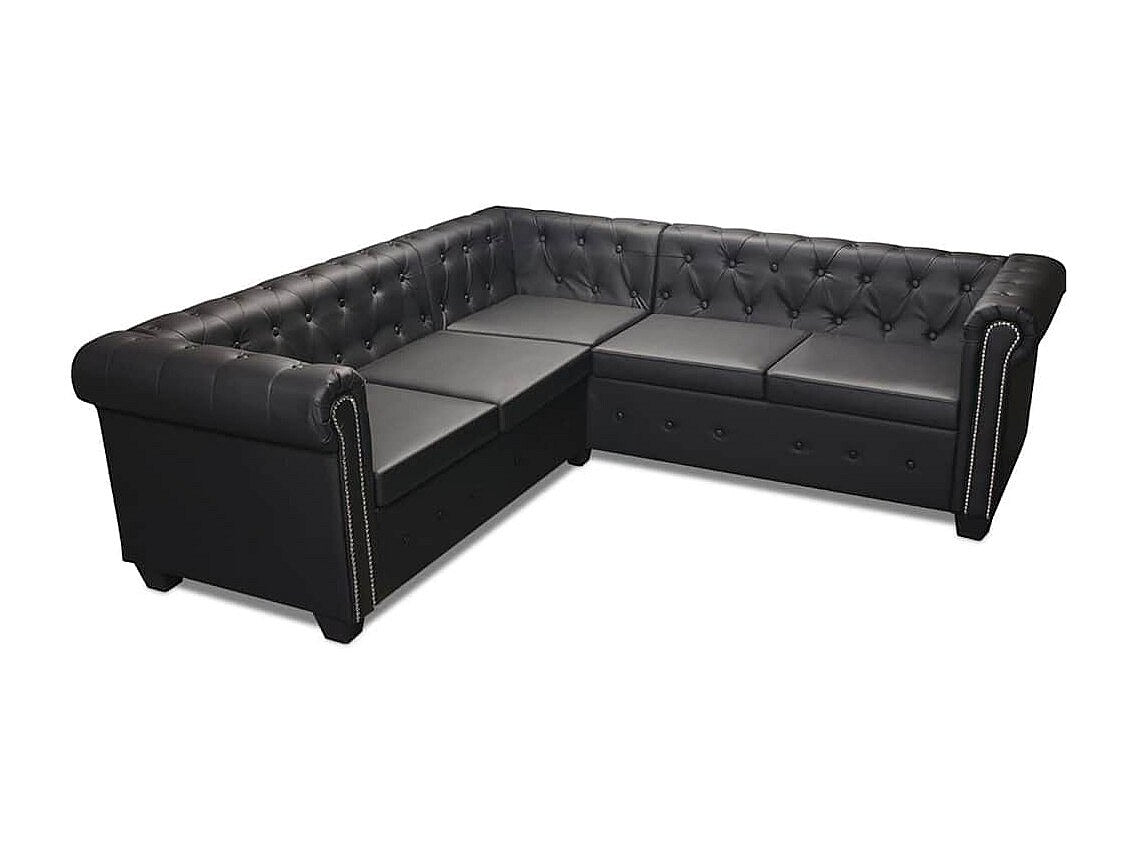 Canapé Chesterfield angle 5 places noir simili cuir