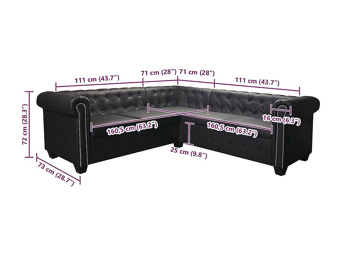 Canapé Chesterfield angle 5 places noir simili cuir
