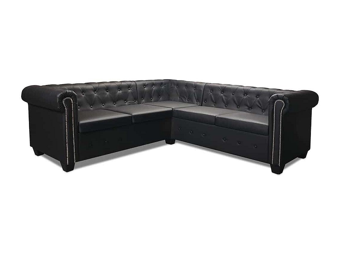 Canapé Chesterfield angle 5 places noir simili cuir
