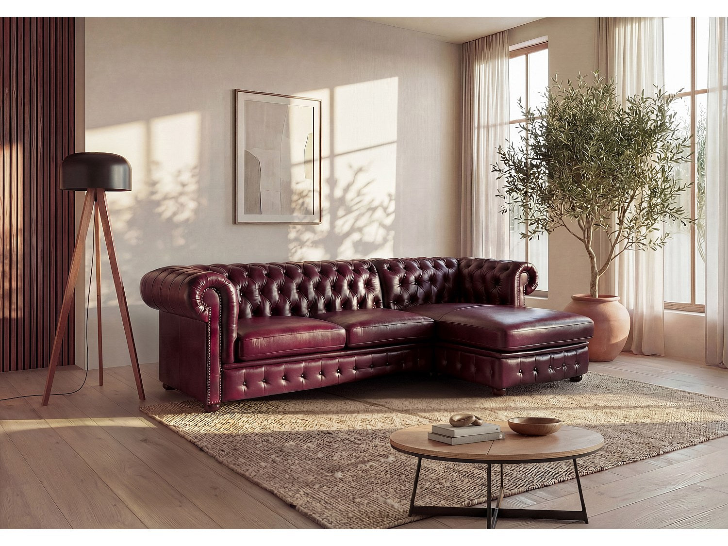 Canapé Chesterfield angle rouge cuir - Brenton
