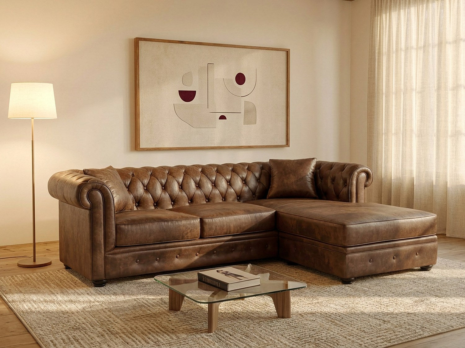 Canapé Chesterfield angle marron tissu - Toledo