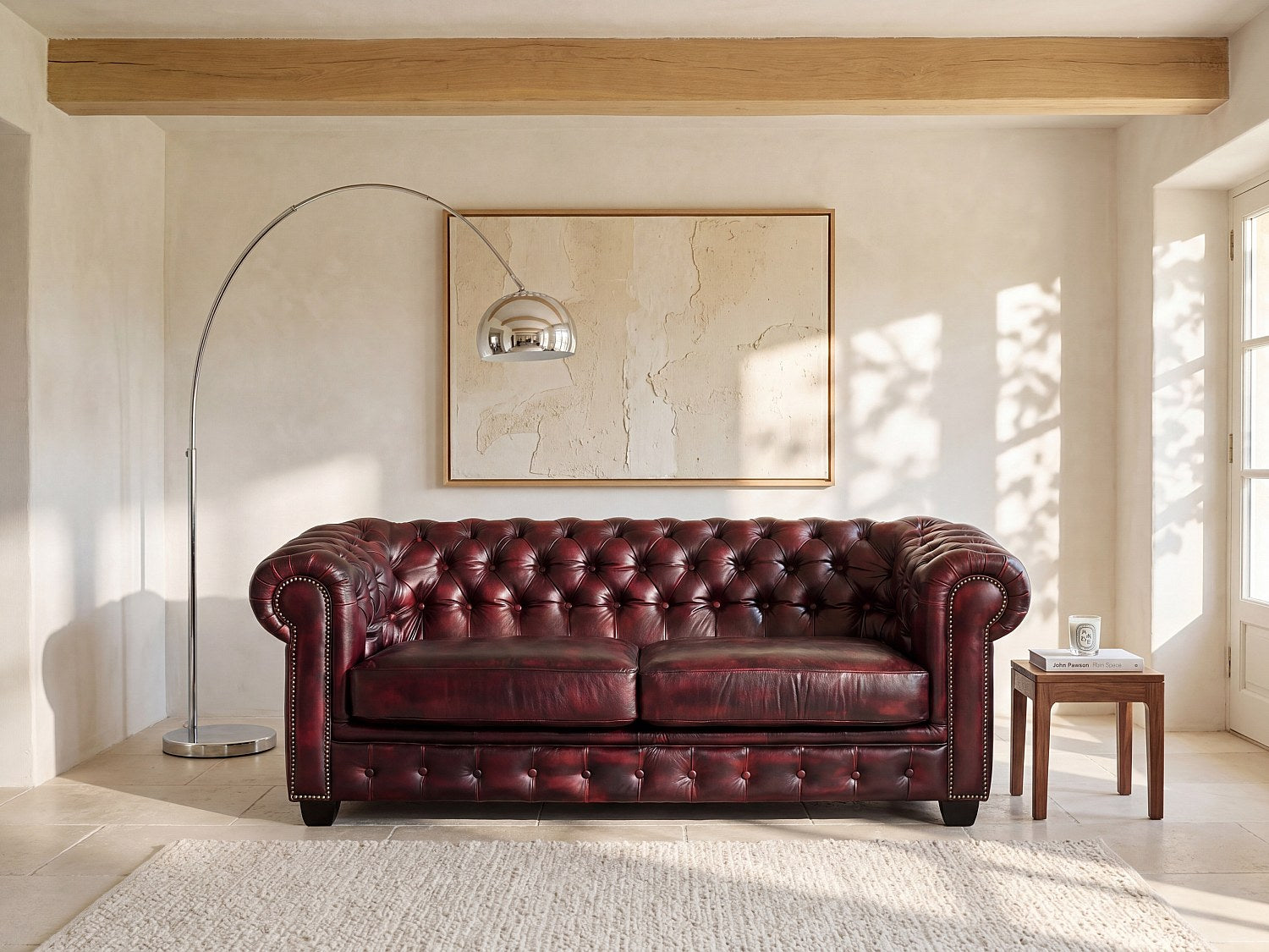 Canapé Chesterfield droit 3 places rouge cuir - Brenton