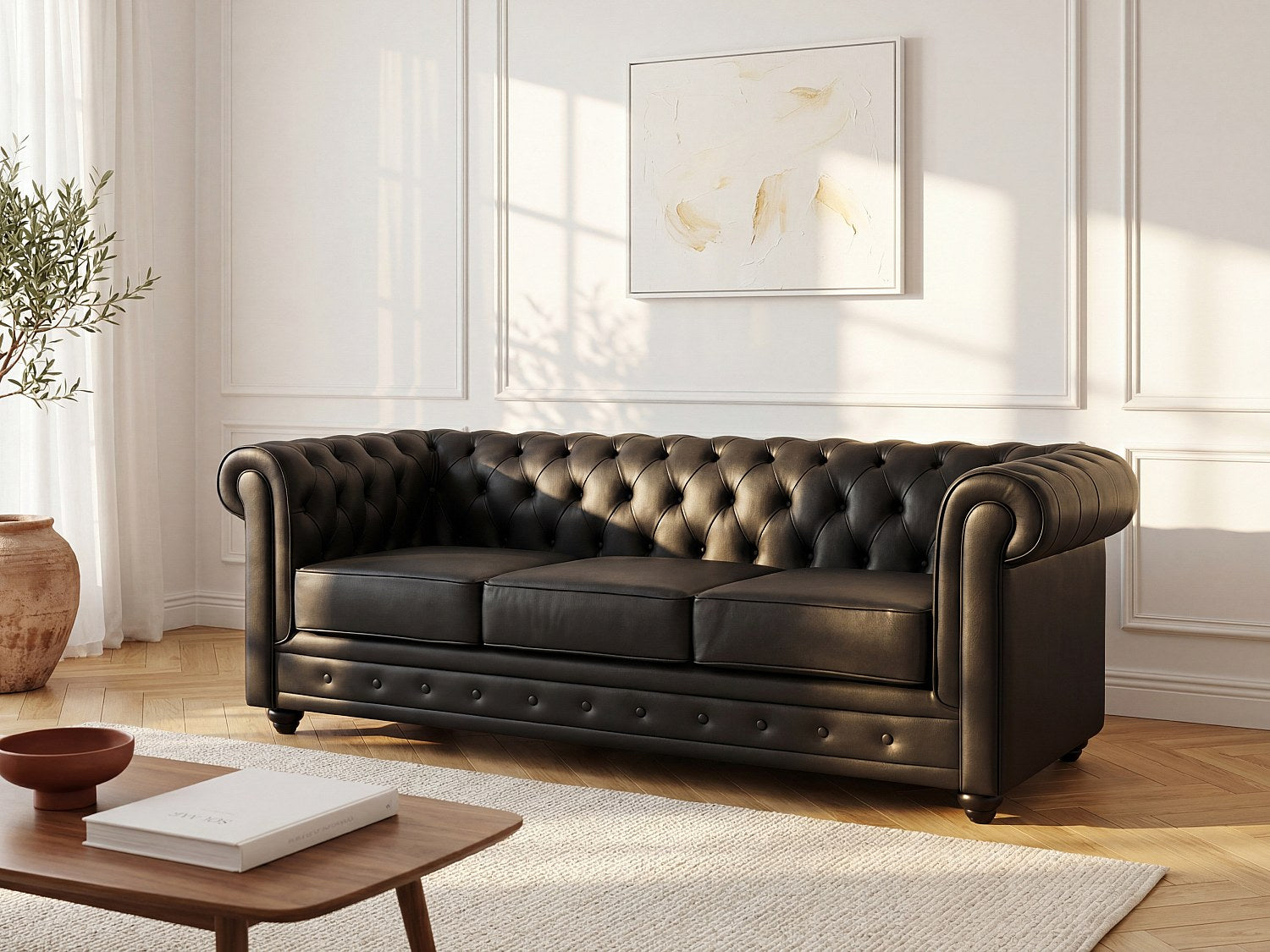 Canapé Chesterfield droit 3 places noir cuir