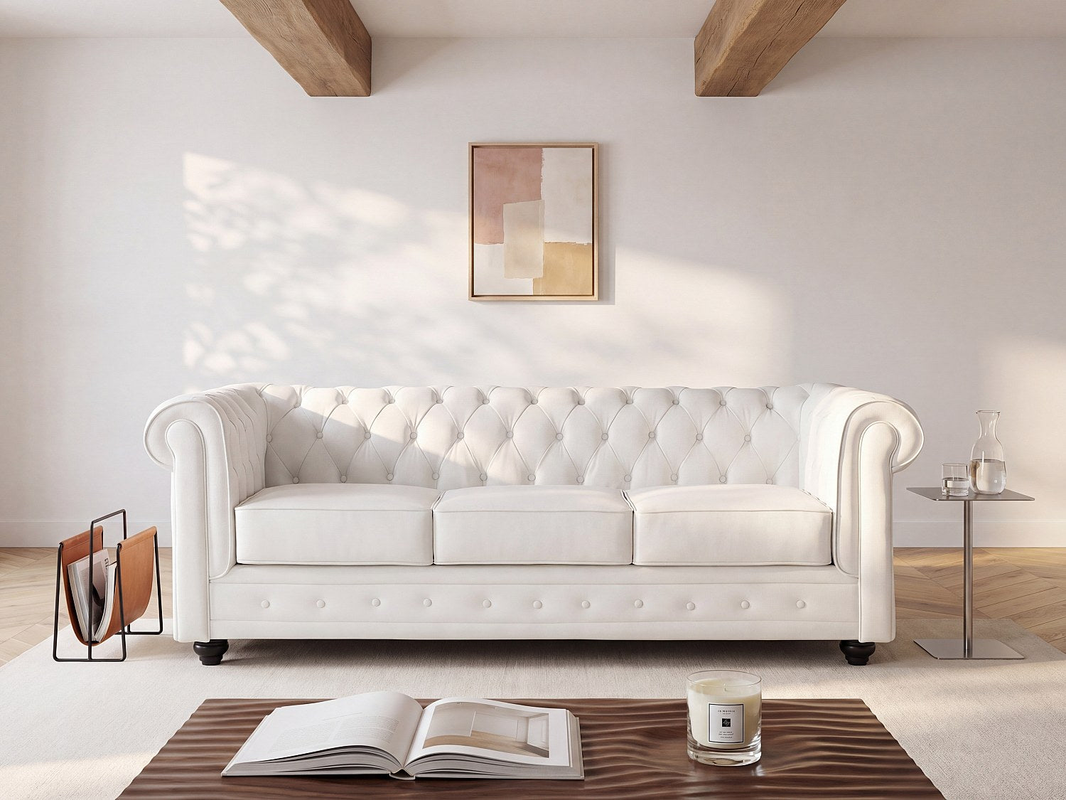 Canapé Chesterfield droit 3 places blanc cuir