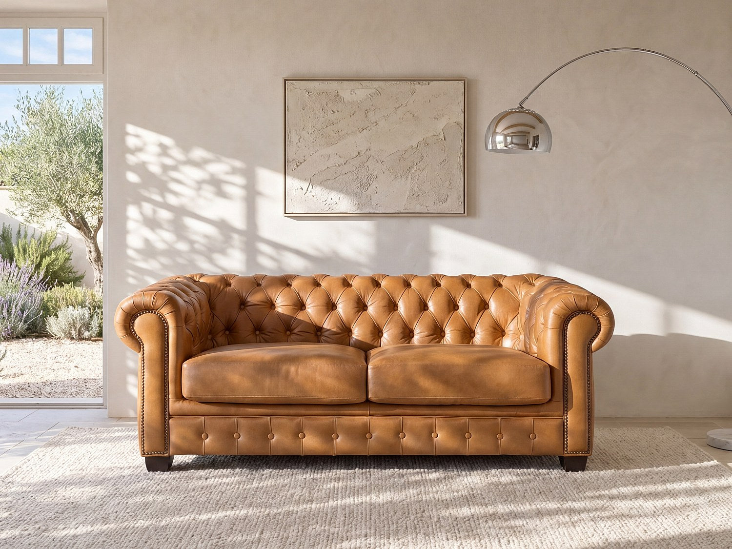 Canapé Chesterfield droit 3 places marron cuir - Brenton