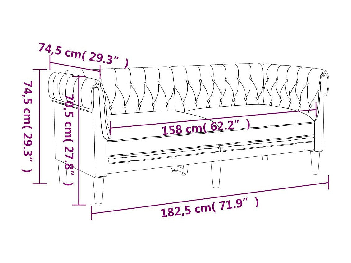Canapé Chesterfield droit 2 places noir tissu