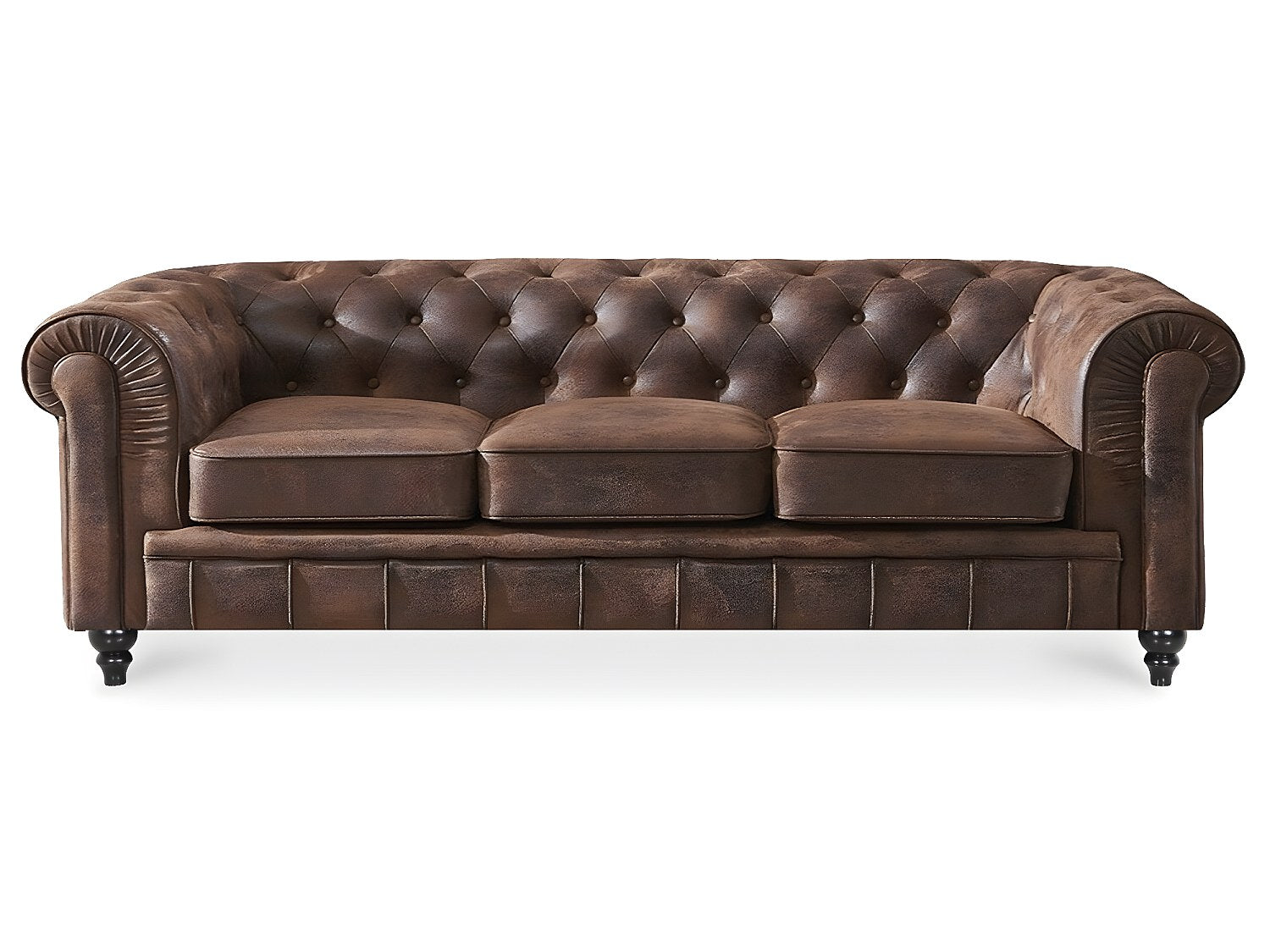 Canapé Chesterfield droit 3 places marron tissu - Vintage
