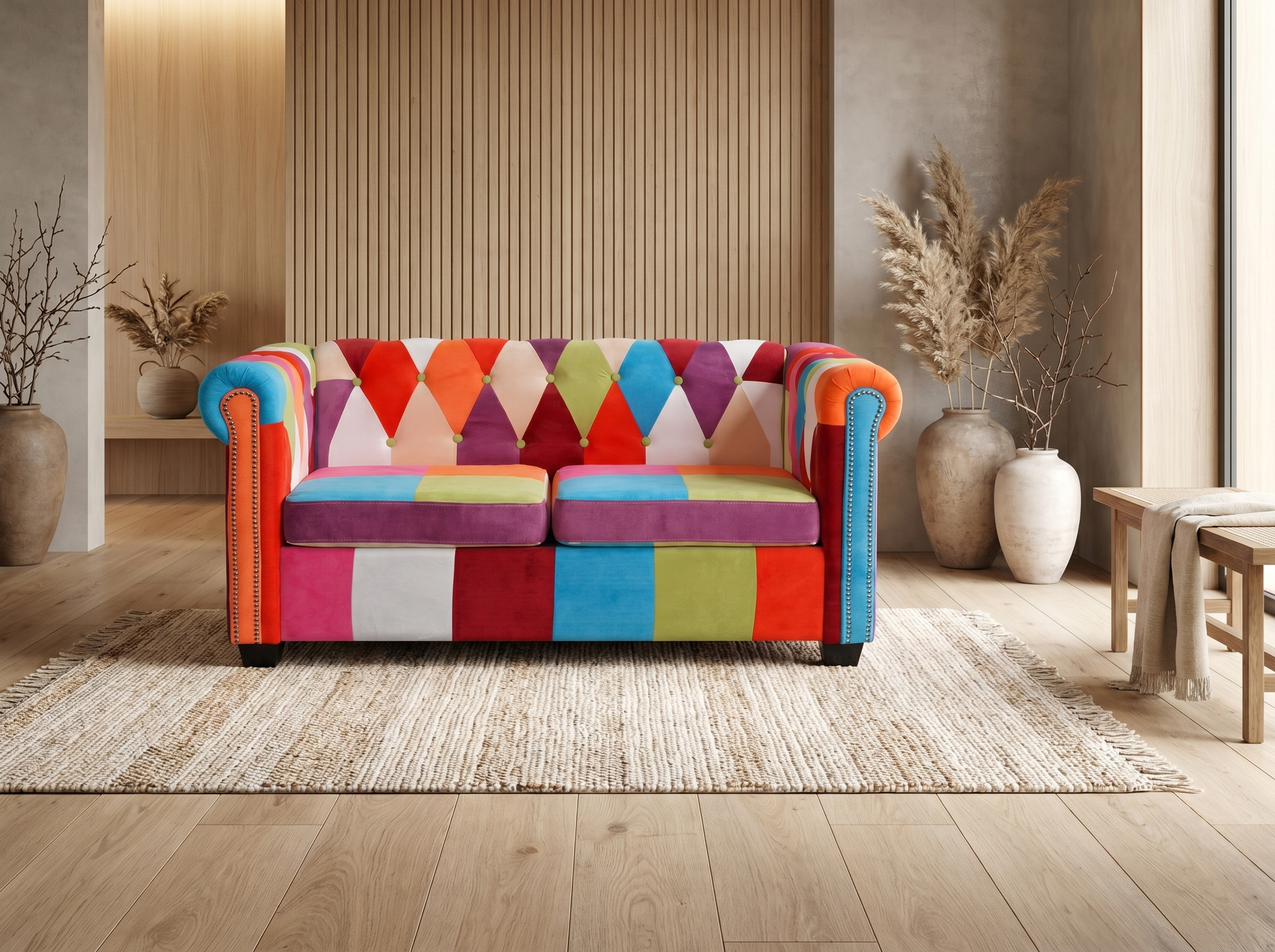 Canapé Chesterfield 2 Places Tissu Multicolore (Patchwork)