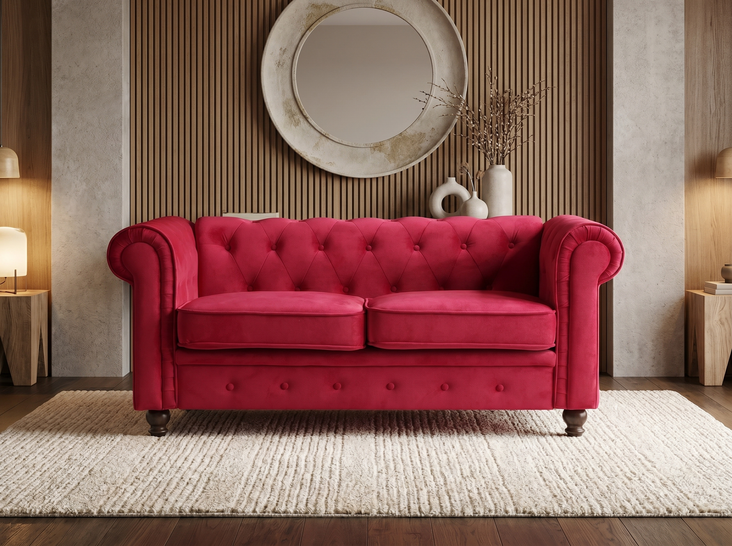Canapé Chesterfield droit 2 places rouge velours