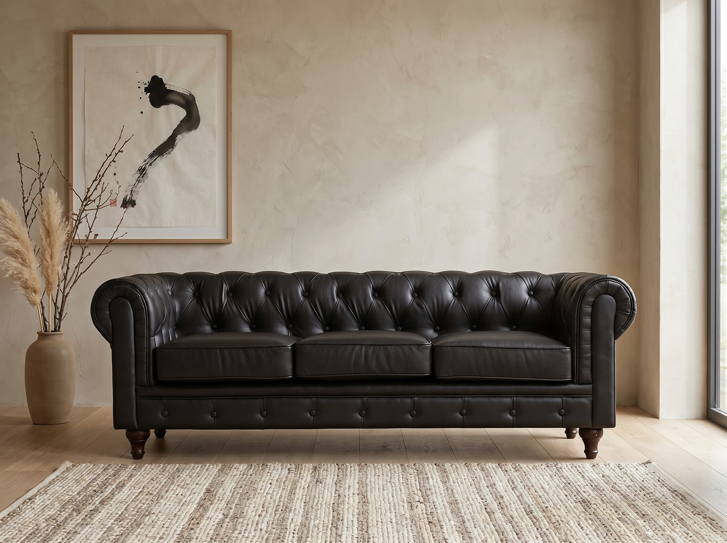 Canapé Chesterfield 3 Places Simili Cuir Noir - Aliza