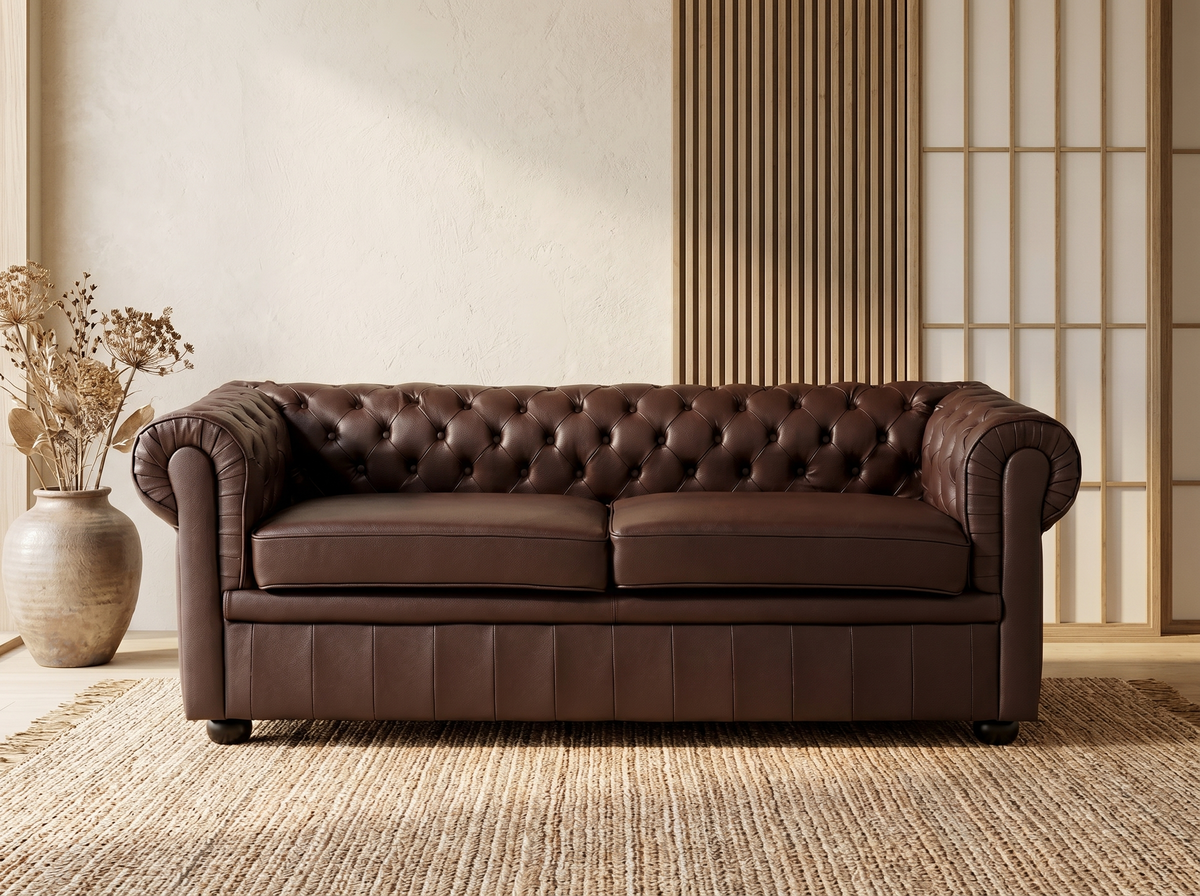 Canapé Chesterfield Droit 3 Places Marron Simili Cuir