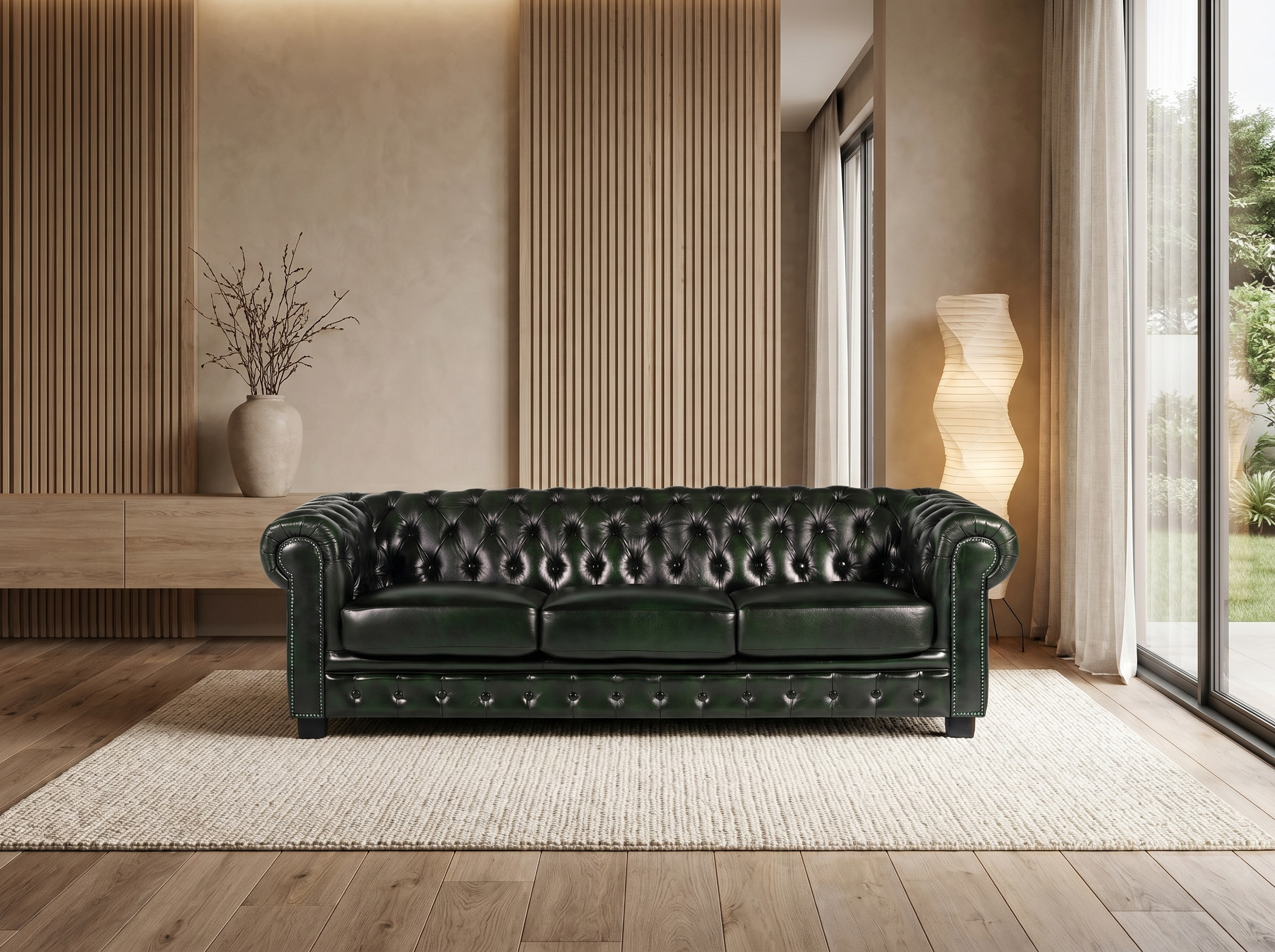 Canapé Chesterfield Droit 4 Places Cuir Vert Sapin - Brenton