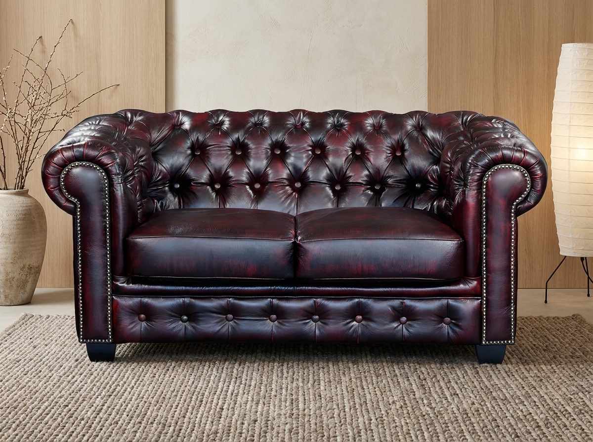 Canapé Chesterfield 2 Places Cuir Bordeaux - Brenton