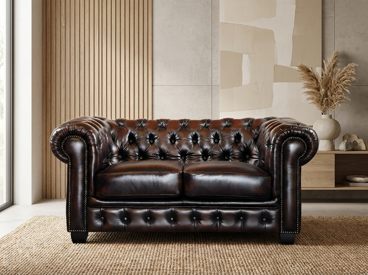 Canapé Chesterfield 2 Places Cuir Marron Chocolat - Brenton