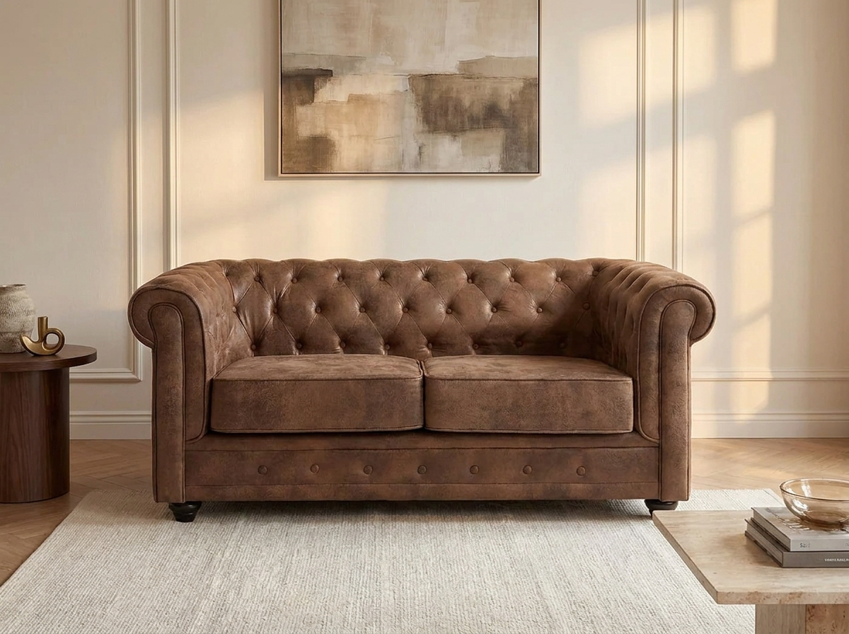 Canapé Chesterfield 2 Places Simili Cuir Vieilli Marron