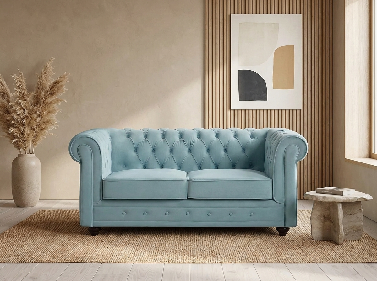 Canapé Chesterfield 2 Places Velours Bleu Ciel