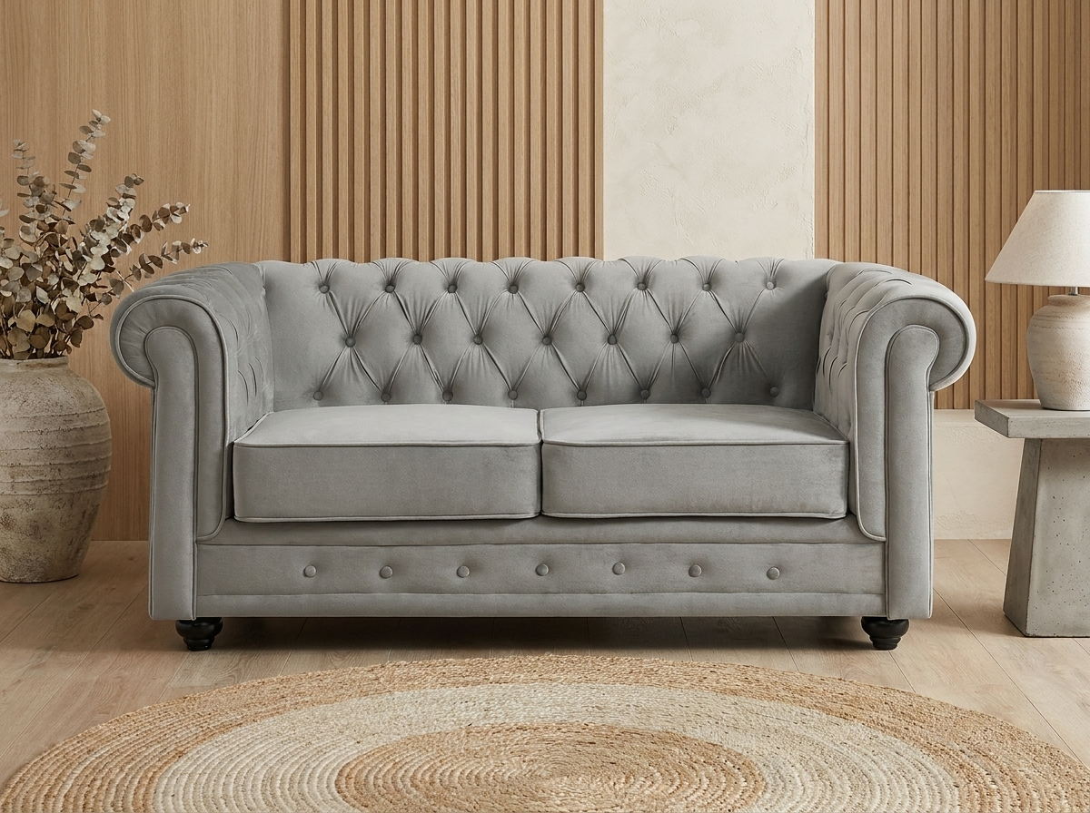 Canapé Chesterfield 2 Places Velours Gris Clair