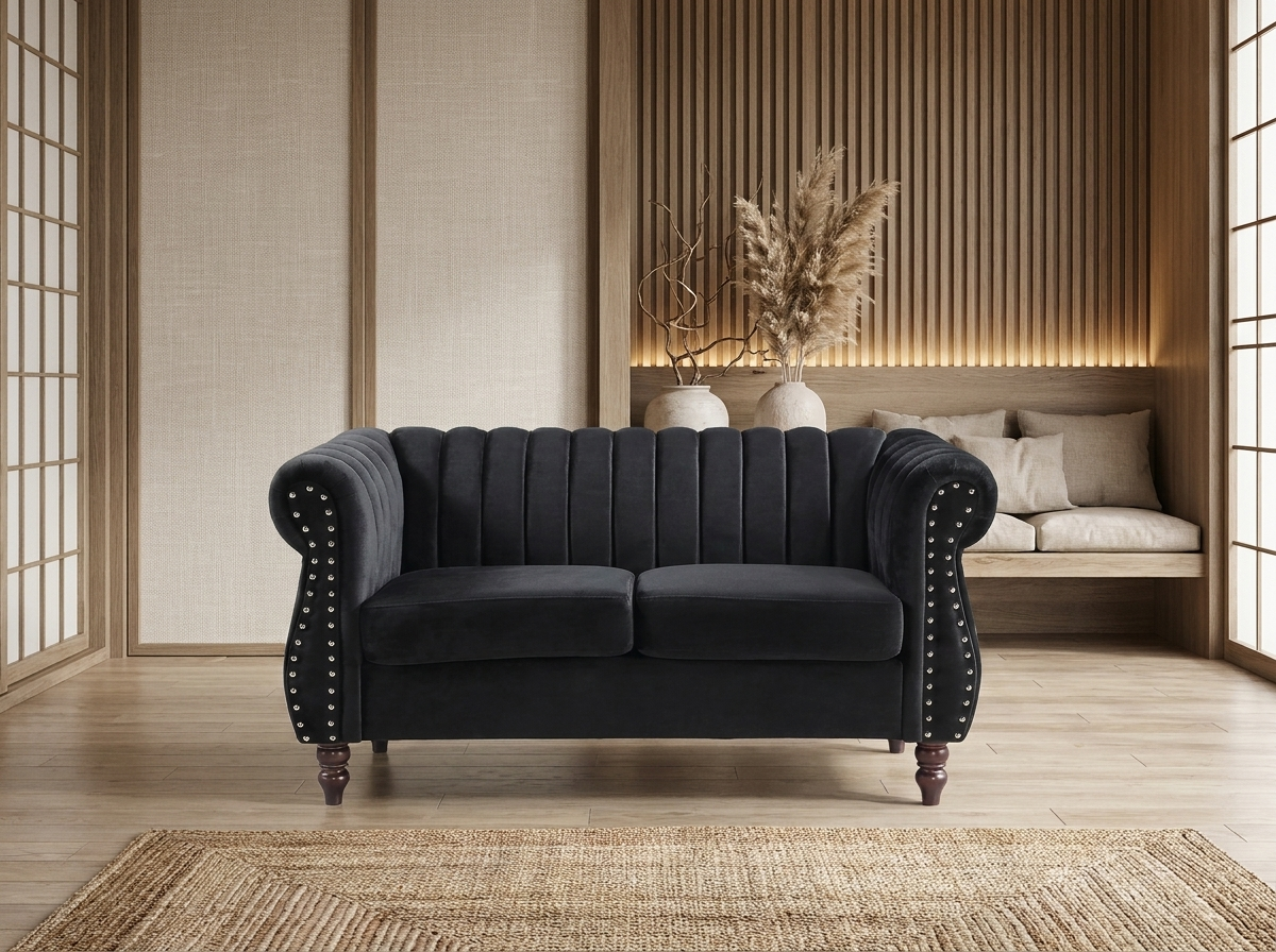 Canapé Chesterfield 2 Places Velours Noir - Trumbo