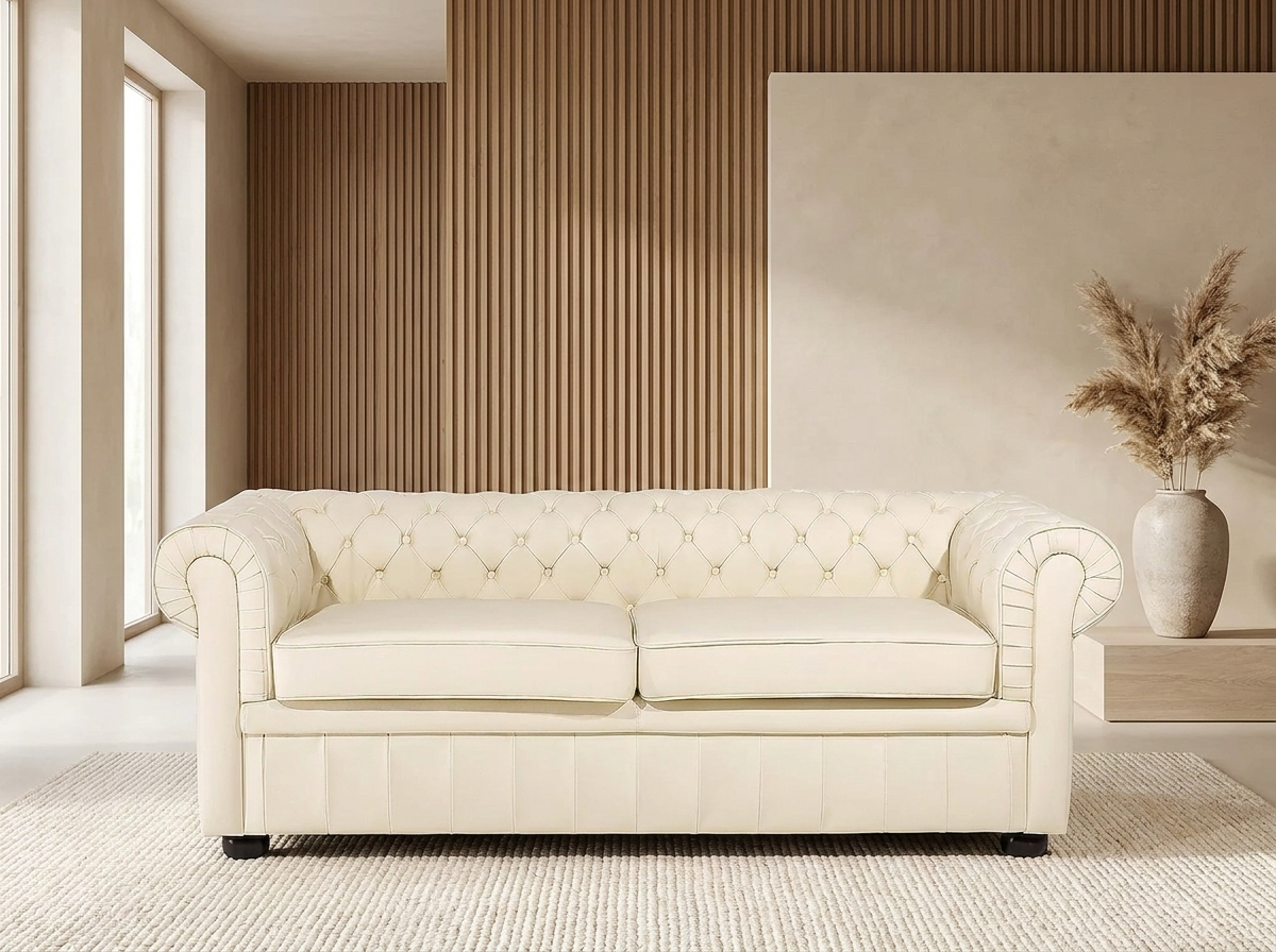 Canapé Chesterfield 3 Places Simili Cuir Beige