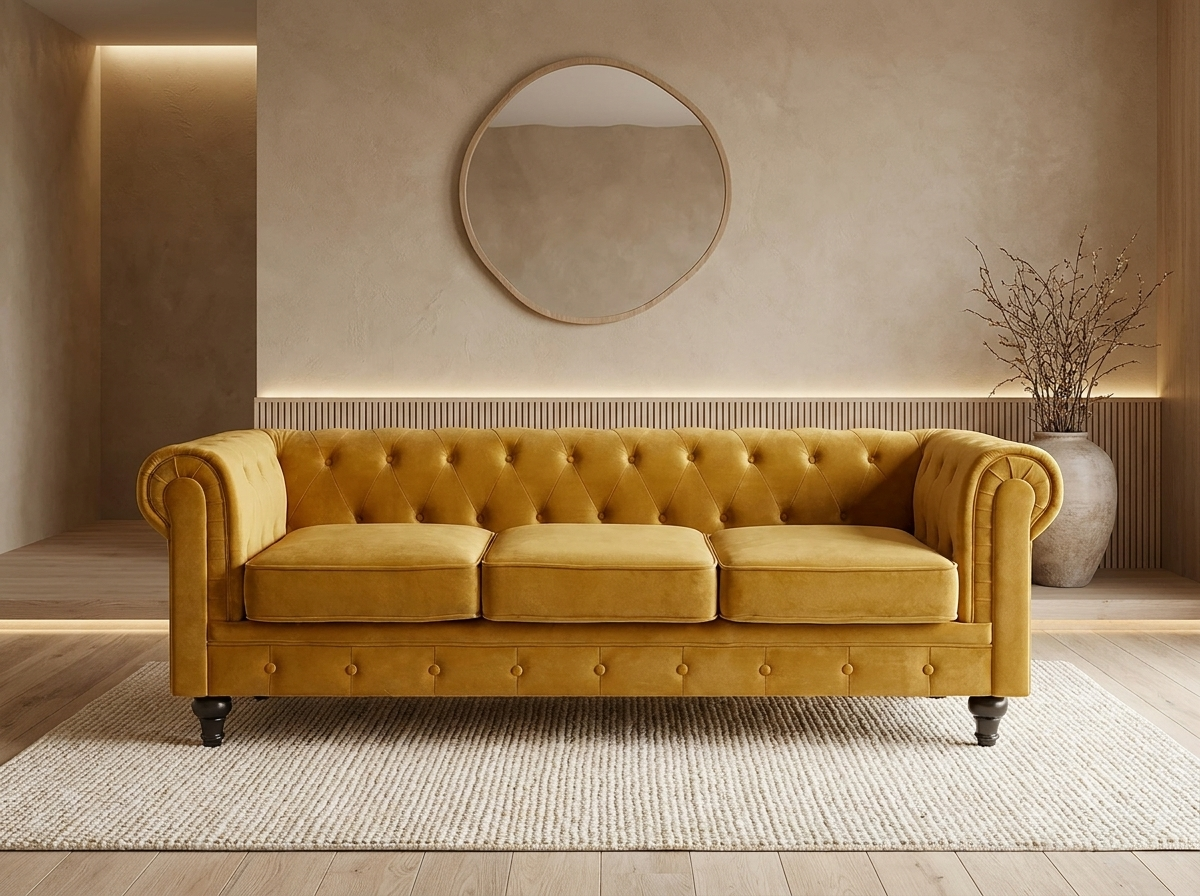Canapé Chesterfield 3 Places Velours Doré