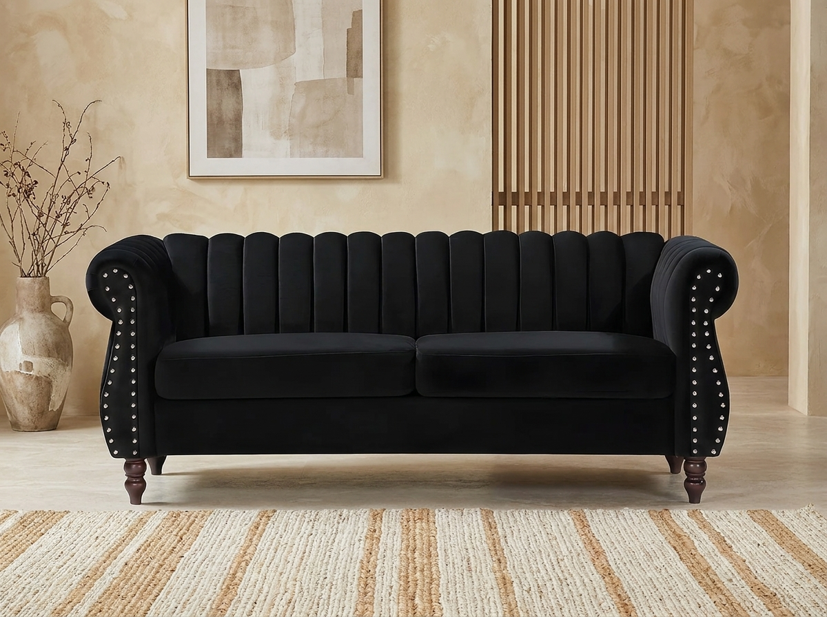 Canapé Chesterfield 3 Places Velours Noir Art Déco - Trumbo