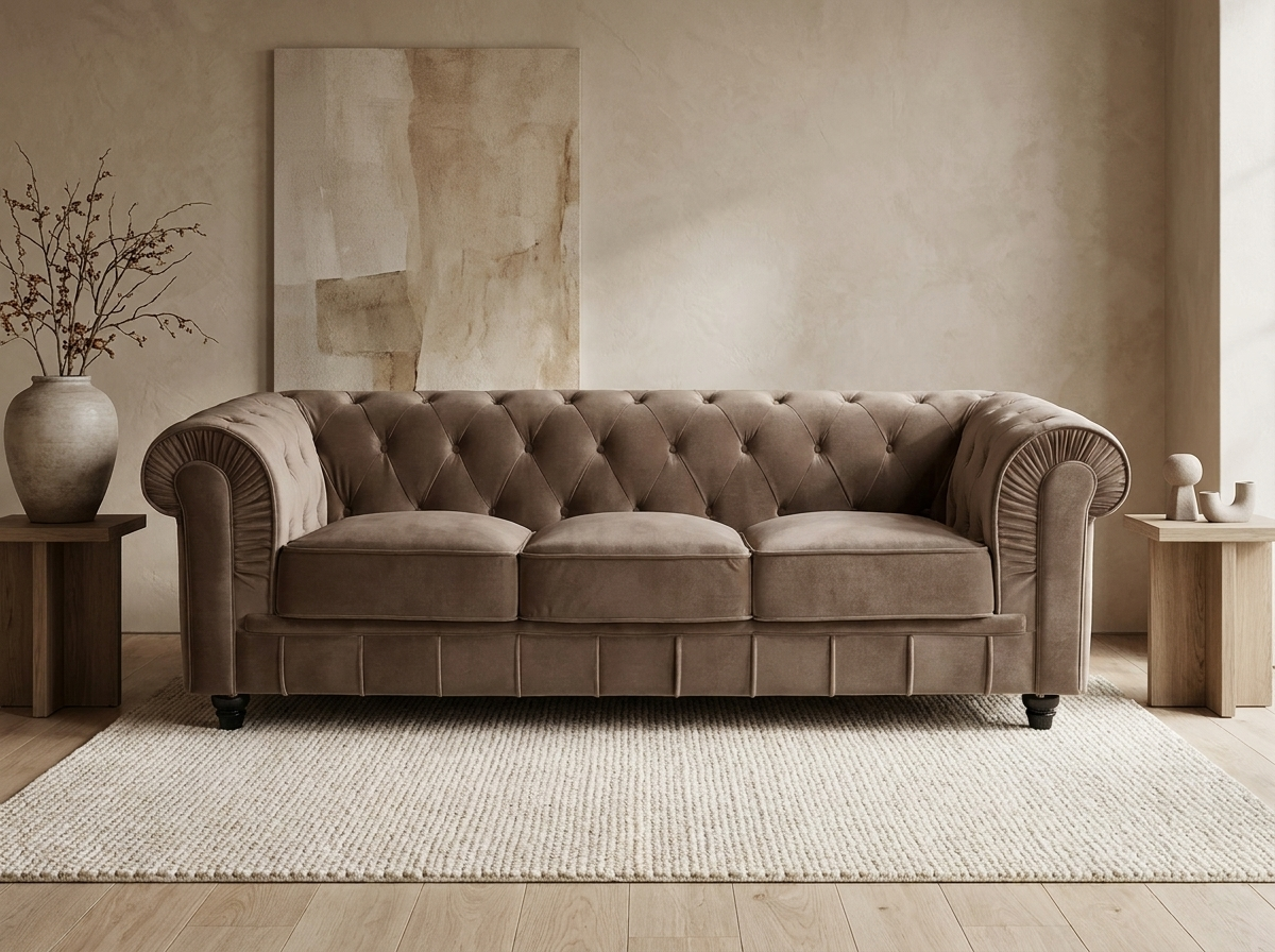 Canapé Chesterfield 3 Places Velours Taupe